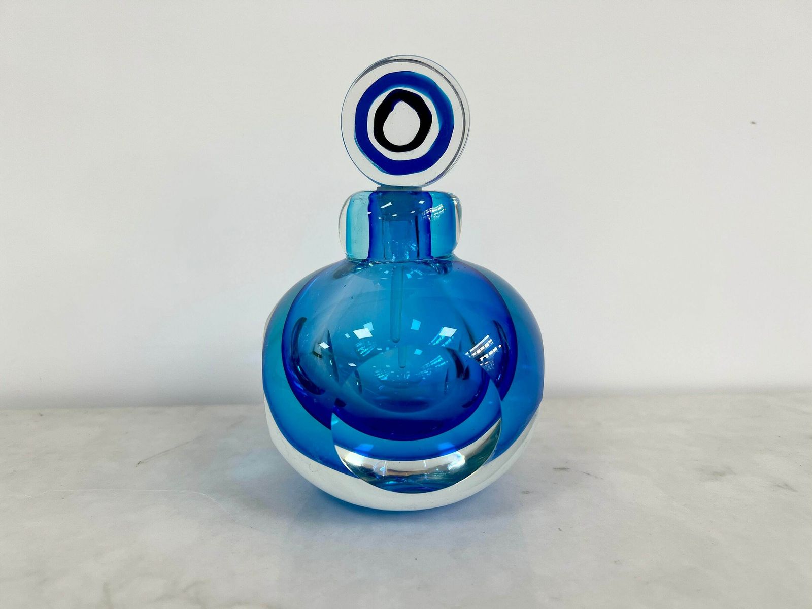 Vintage Murano Art Glass Perfume Bottle, Jewel Blue Tones Sammerso Style Glass, Blue Bull’s Eye Glass