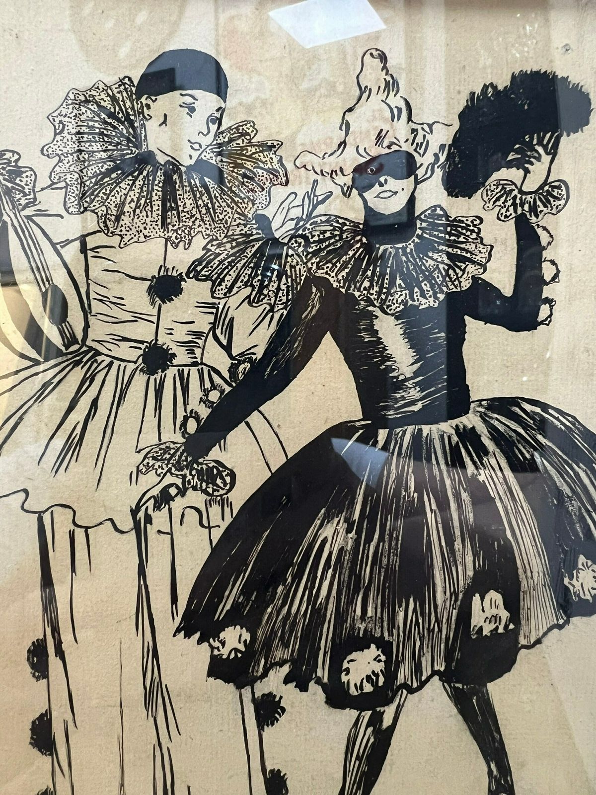 Antique Pen & Ink Drawing On Paper, Framed Picture Of Harlequin/ Pierot, Costume Ball, Germany 1923 photo furniture