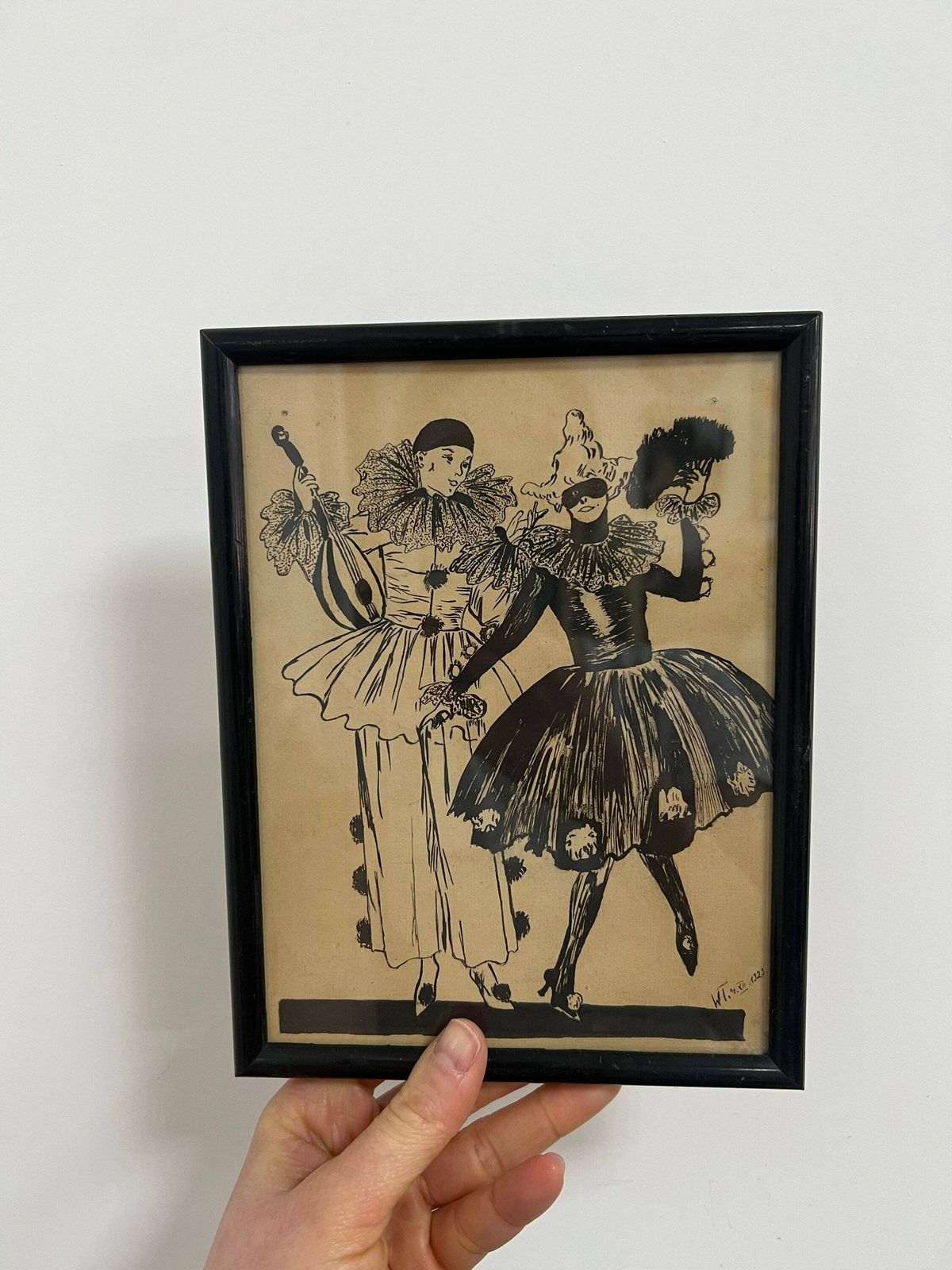 Antique Pen & Ink Drawing On Paper, Framed Picture Of Harlequin/ Pierot, Costume Ball, Germany 1923 photo vintage