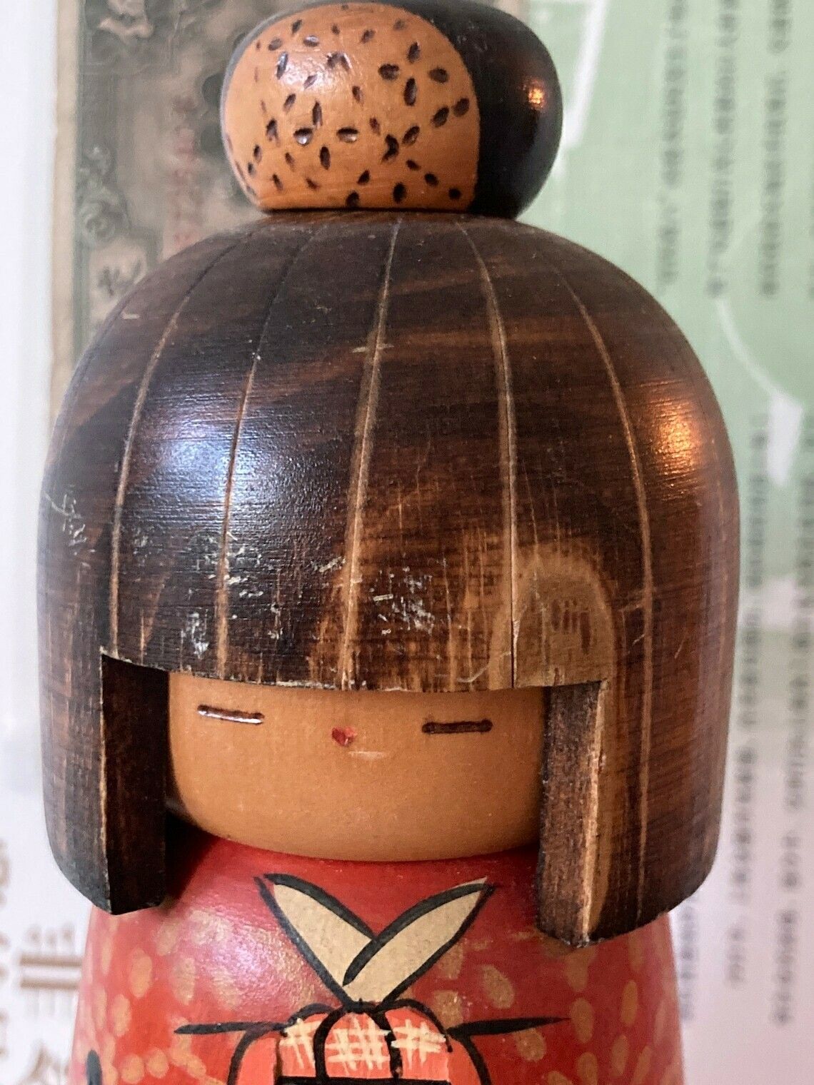 Kokeshi Doll By Kazuo Vintage Creative Japanese Vintage Handcrafted Doll Red Kimono photo for sale