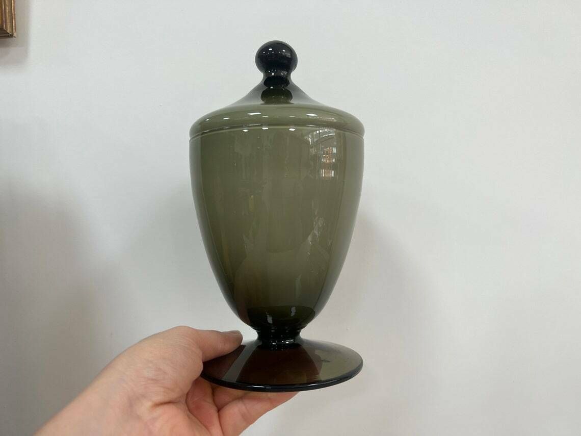 Vintage Empoli Glass Apothecary Jar, Blue Italian Art Glass, Vintage Blown Glass, Empoli Glass Candy Dish Olive Green photo vintage