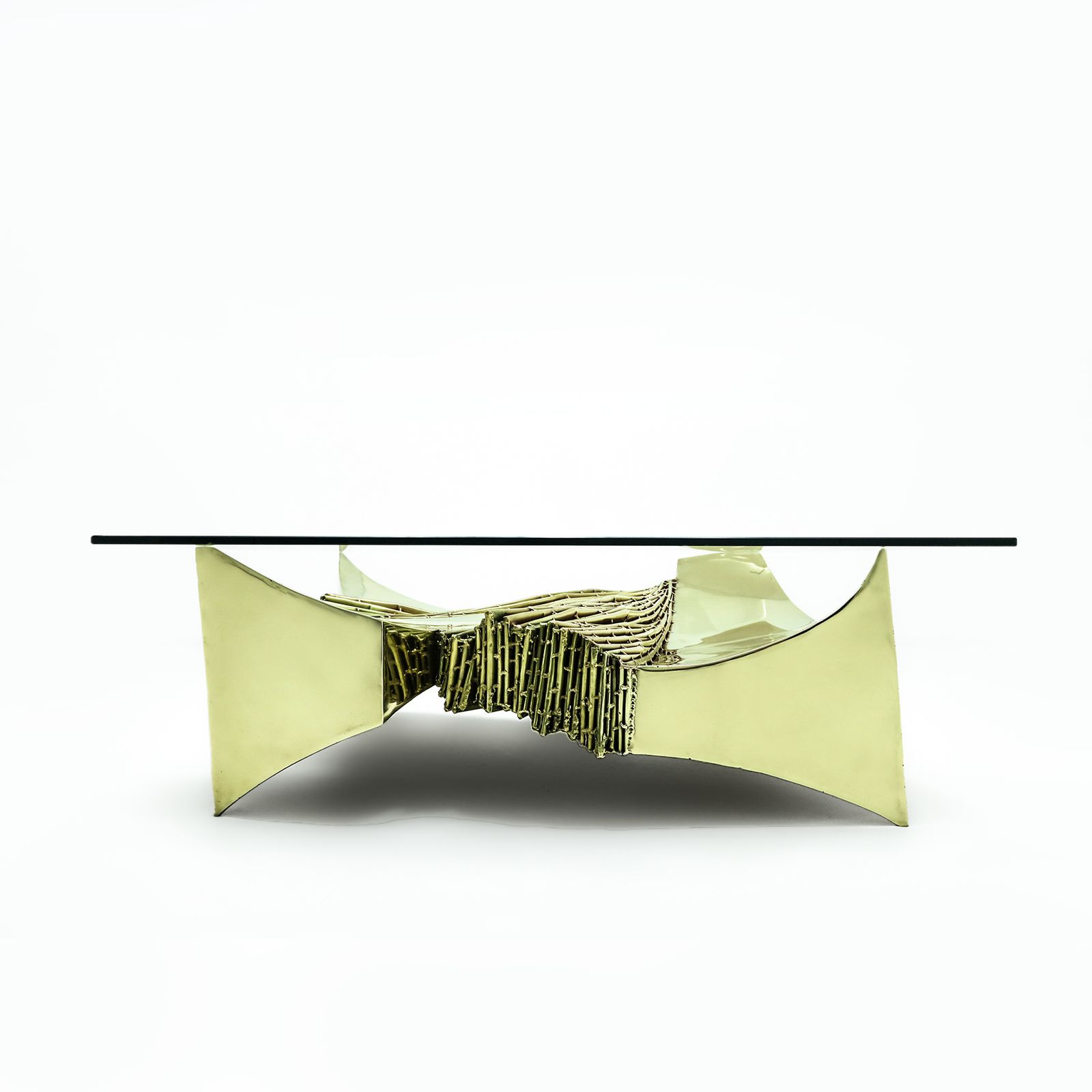 Vintage Brutalist Polished Brass Coffee Table With Glass Top By French Sculptor Santa (Claude Santarelli), 1970s photo for sale
