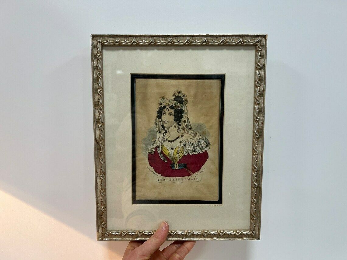 Antique 19th Century British Tinsel Print Engraving, The Bridesmaid, John Fairburn Minories London 1840, Antique Female Portrait photo for sale