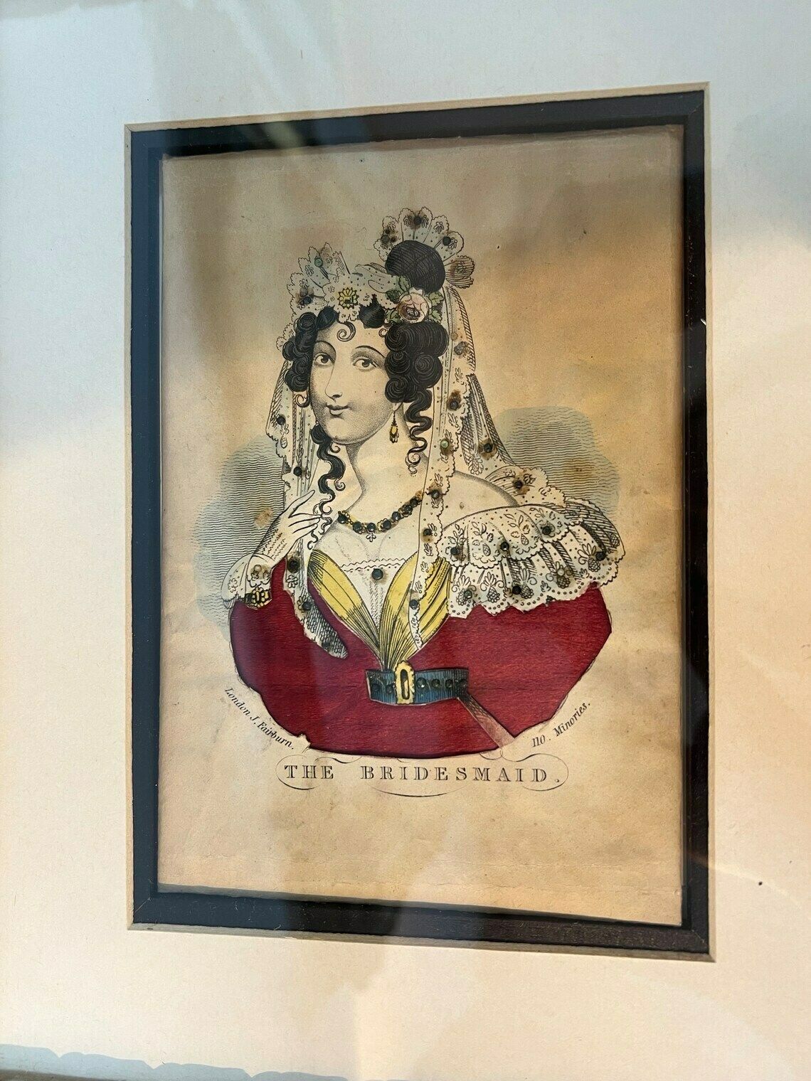 Antique 19th Century British Tinsel Print Engraving, The Bridesmaid, John Fairburn Minories London 1840, Antique Female Portrait photo 220.0