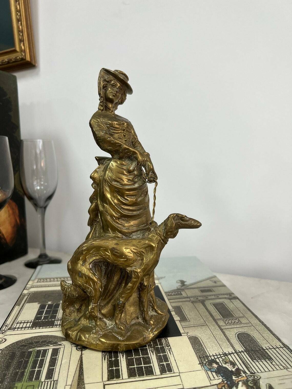 Antique Brass English Lady Statue With A Dog Animal, Lady And Dog Statue