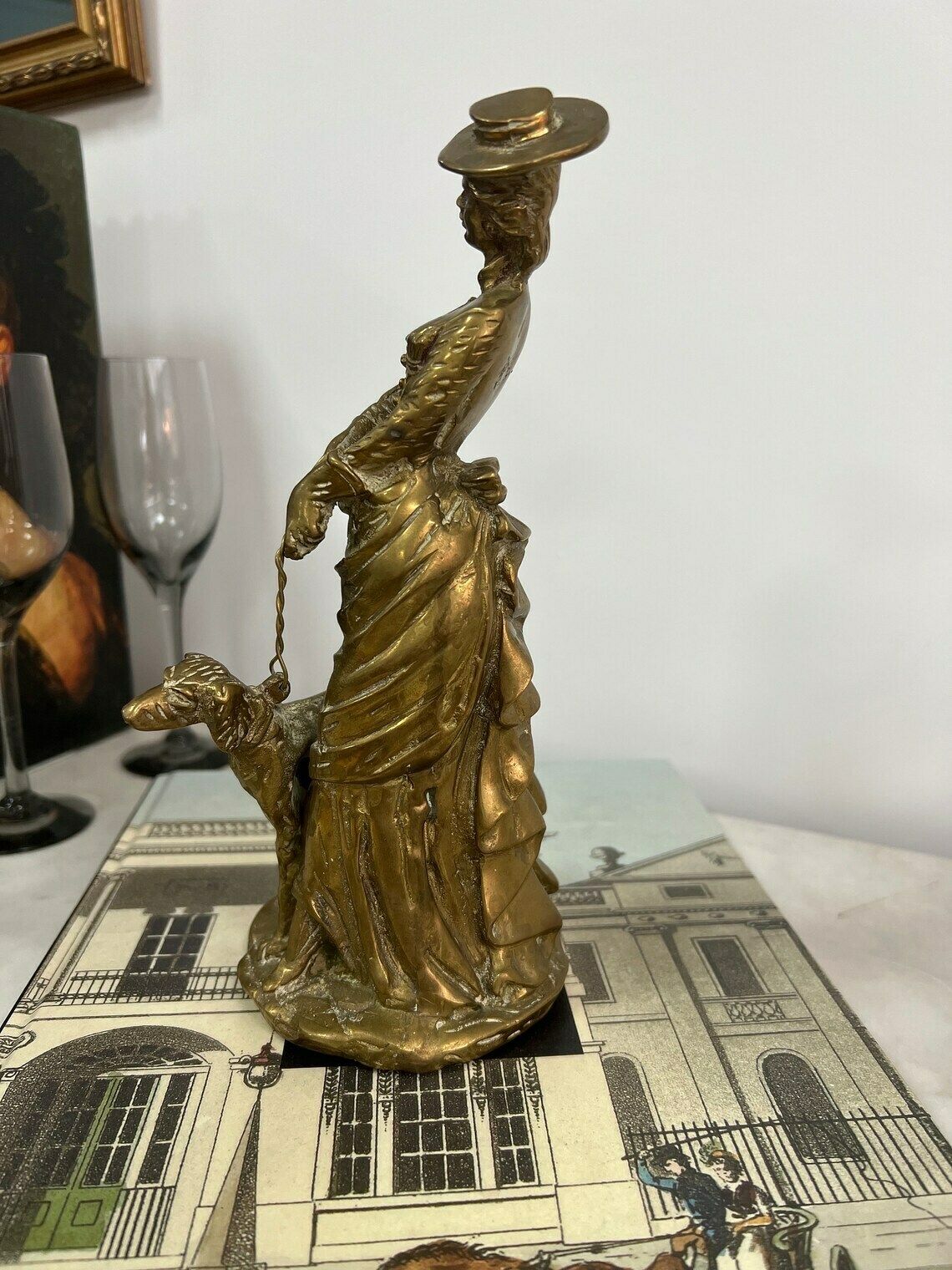 Antique Brass English Lady Statue With A Dog Animal, Lady And Dog Statue photo 210.0