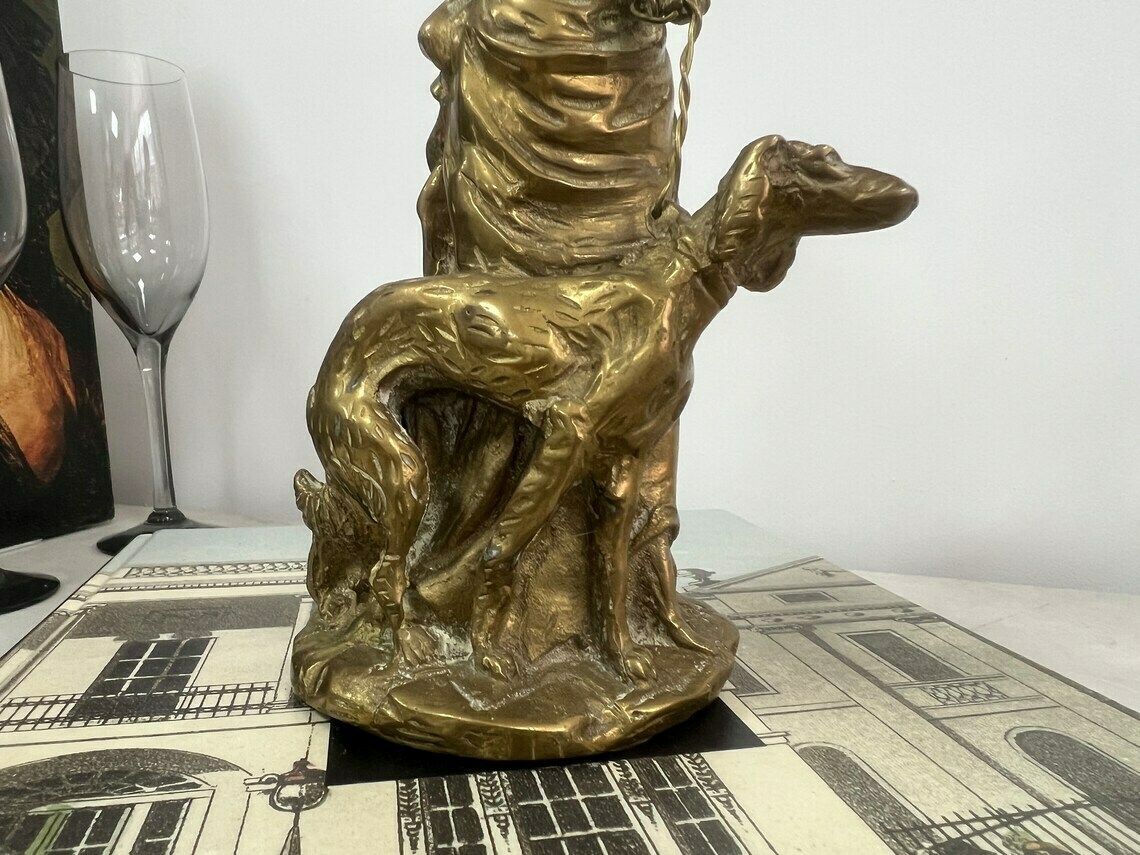 photo furniture Antique Brass English Lady Statue With A Dog Animal, Lady And Dog Statue