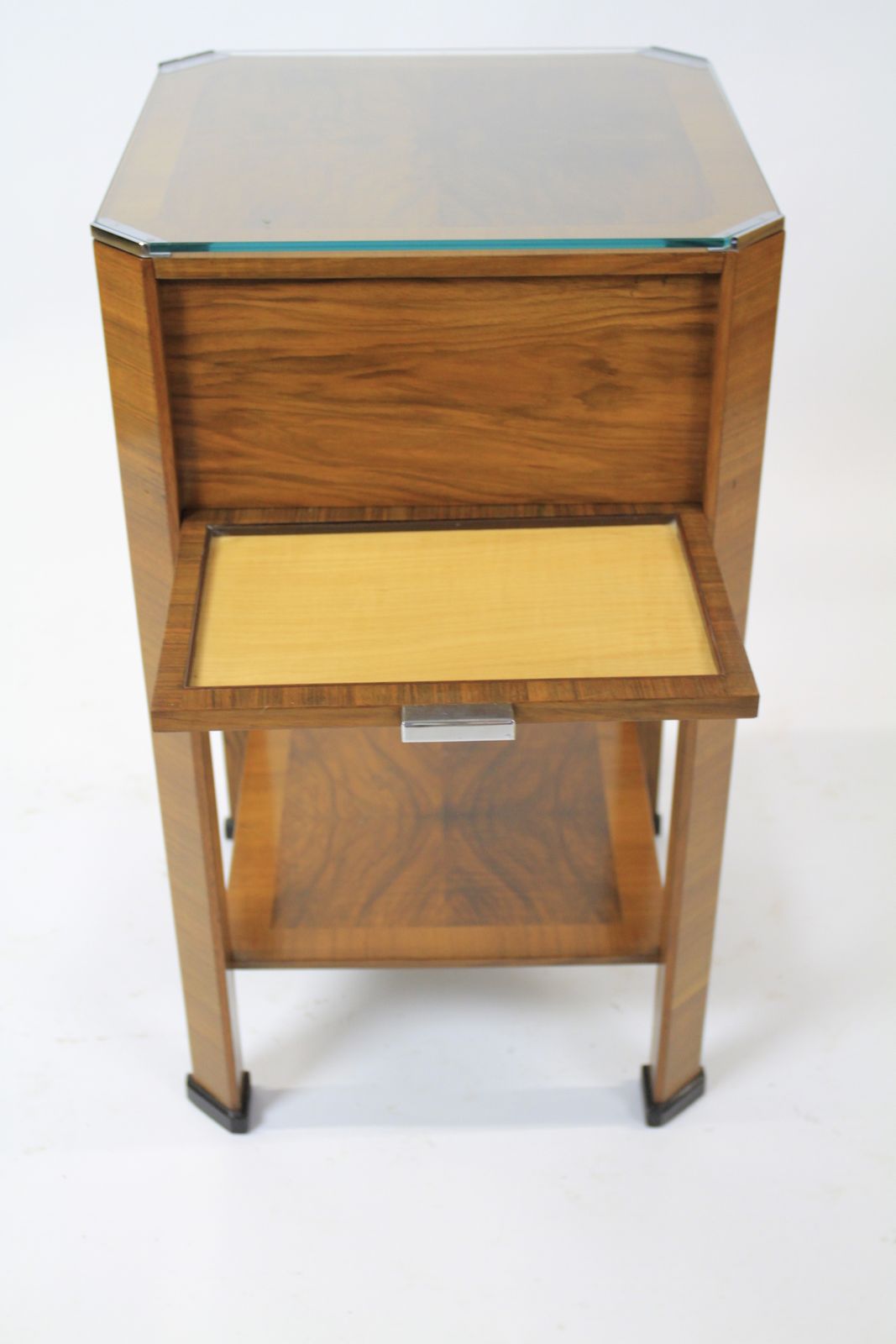 photo for sale Fine Art Deco  Walnut 2 Tier Table With Maple Slides Circa 1930s
