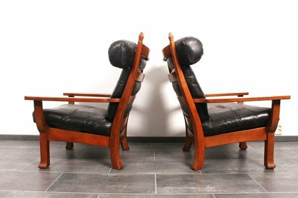 Leather And Oak Ox Shape Armchairs 1950s Set Of 2 photo furniture