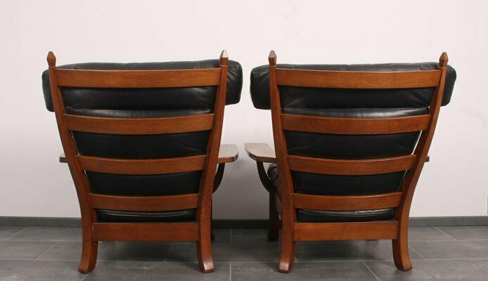 Leather And Oak Ox Shape Armchairs 1950s Set Of 2 photo buy