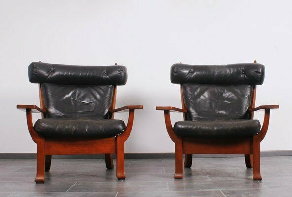 Furniture Leather And Oak Ox Shape Armchairs 1950s Set Of 2 photo