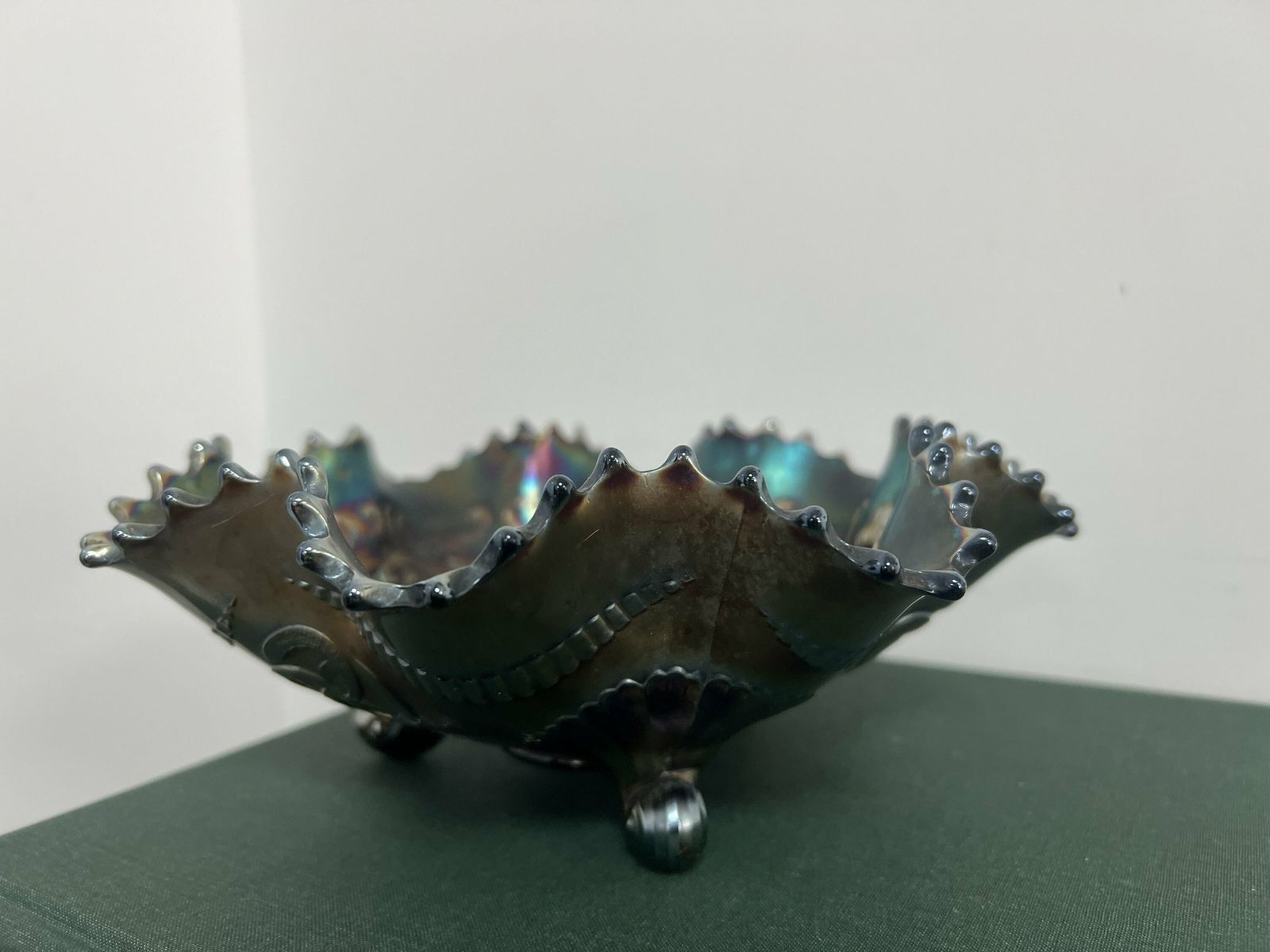 Antique Northwood Carnival Glass Wishbone Orchid Footed Ruffled Bowl Amethyst Ruffles Glass Dish photo for sale