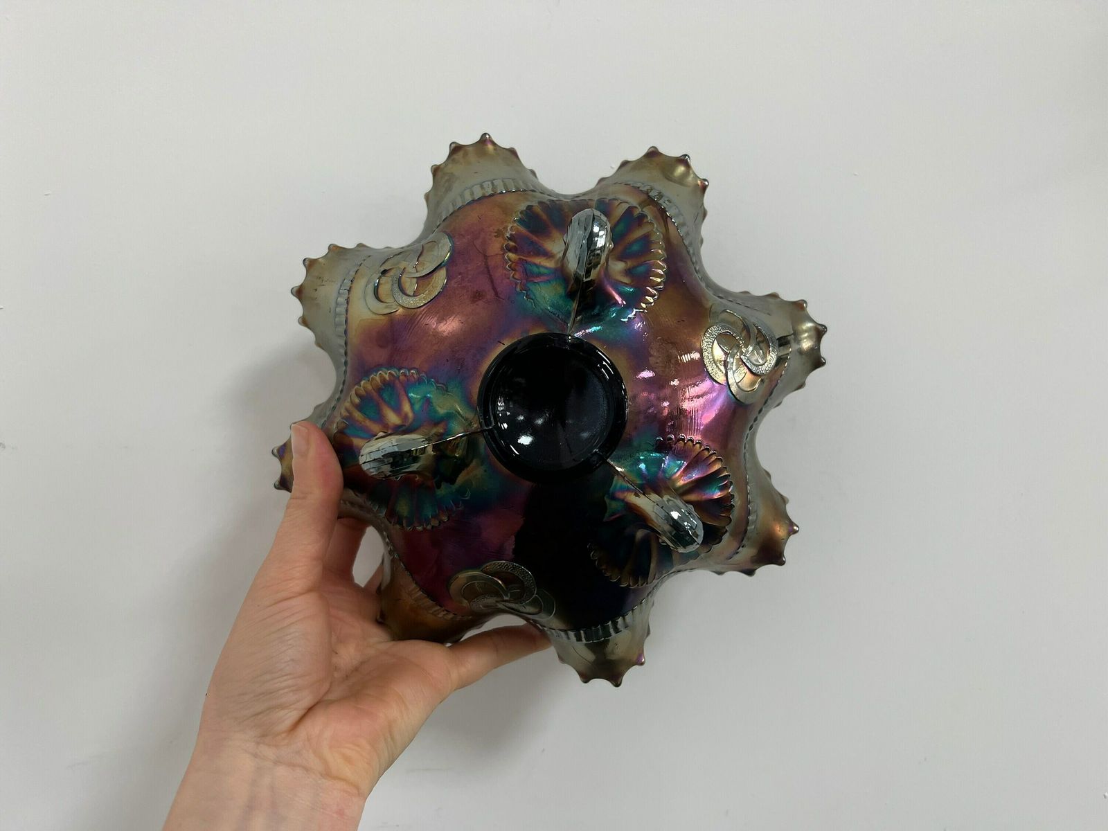Antique Northwood Carnival Glass Wishbone Orchid Footed Ruffled Bowl Amethyst Ruffles Glass Dish photo Home Decor