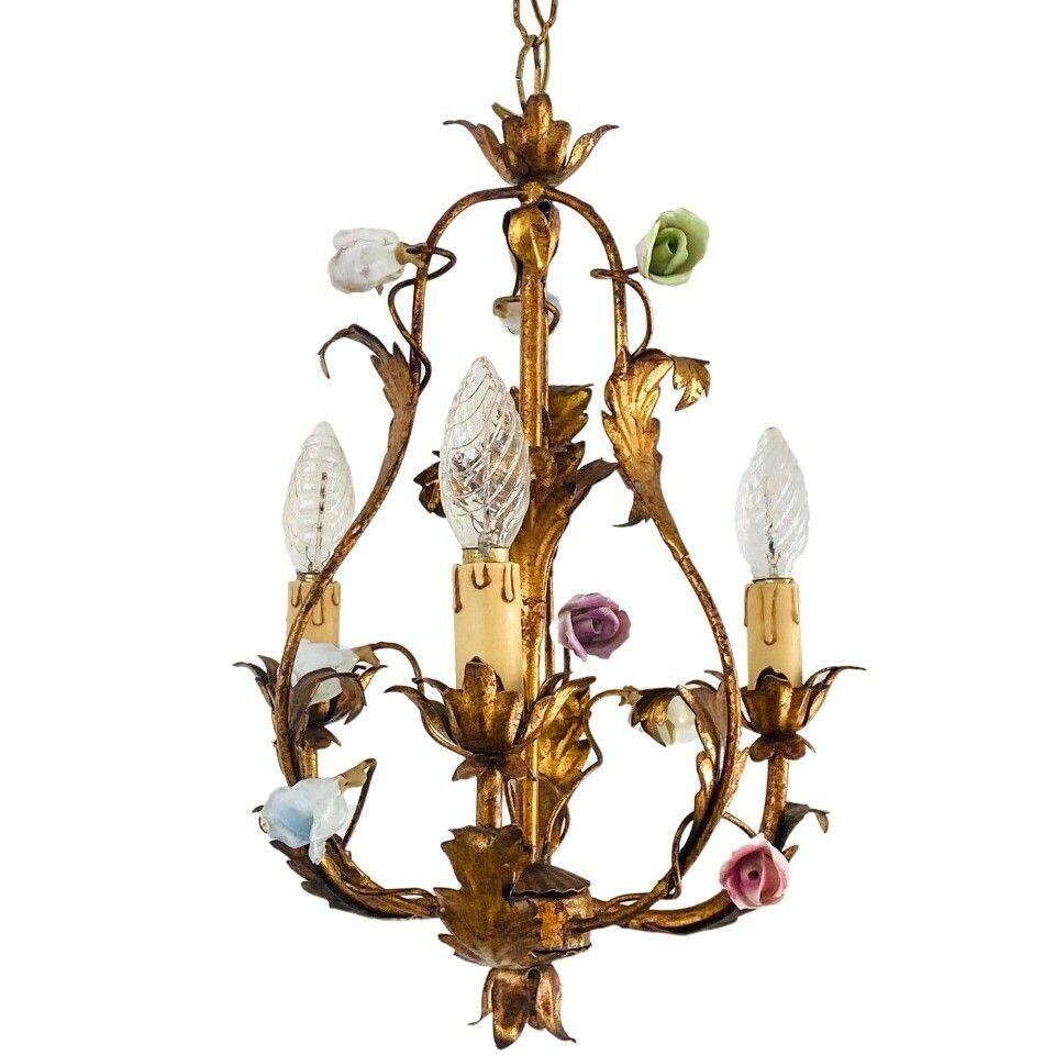 Vintage Italian Roses Porcelain Chandelier Gold Gilded Baroque Rococco 1950s photo for sale