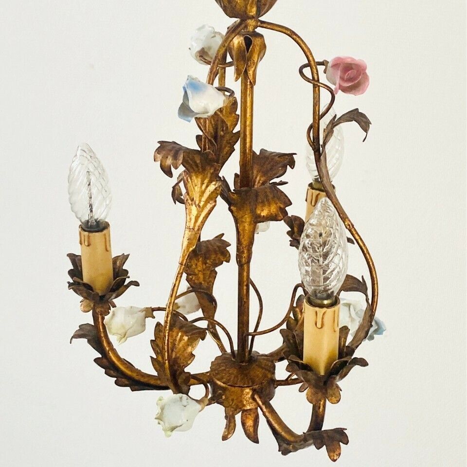 photo for sale Vintage Italian Roses Porcelain Chandelier Gold Gilded Baroque Rococco 1950s