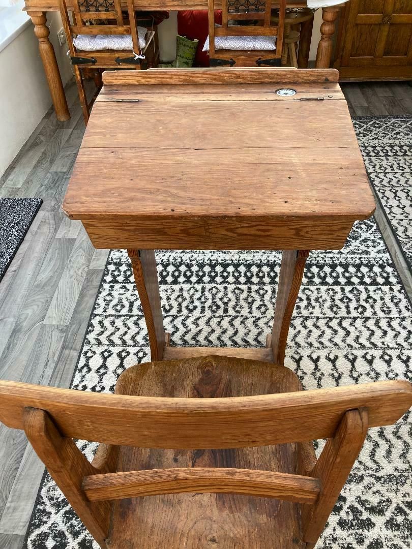 Antique Elm School Slider Desk With Chair And Inkwell 1900s photo buy