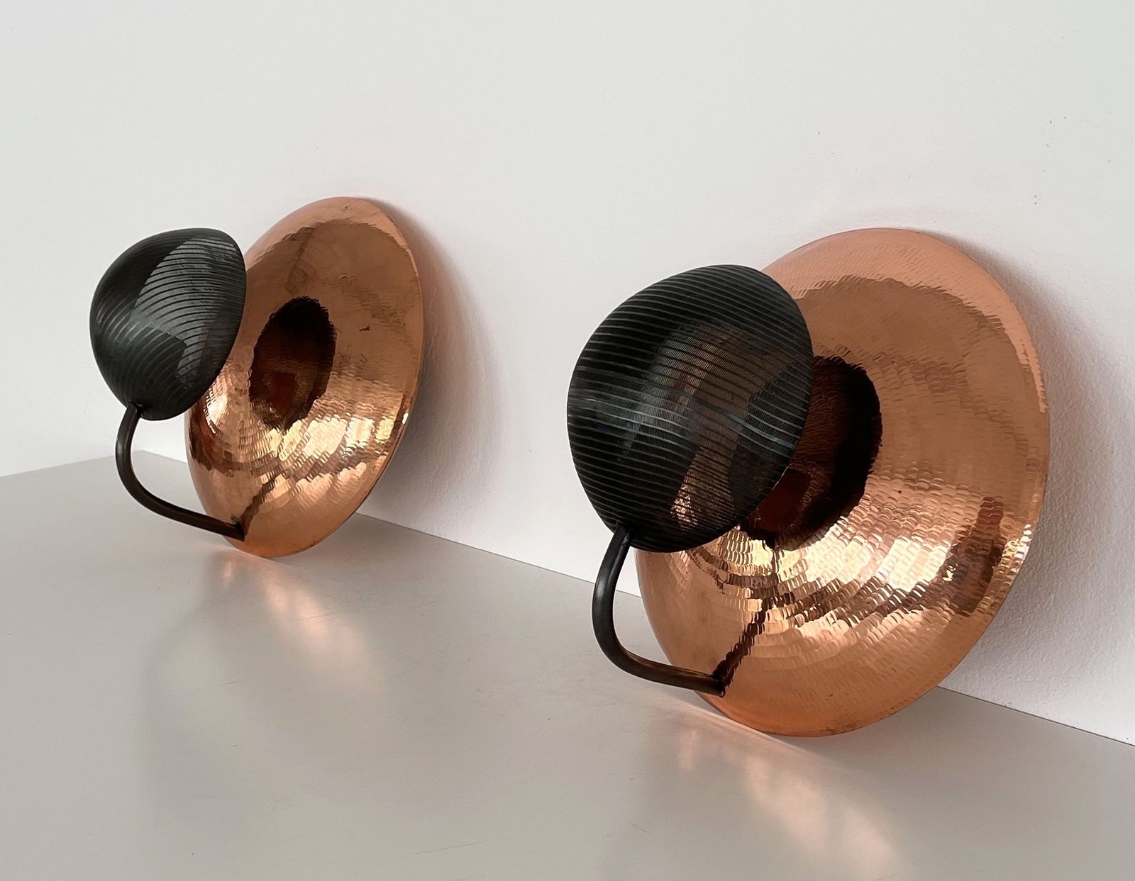 Pair Of Italian Wall Sconces In Copper And Black Perforated Metal, 1970s photo Lighting
