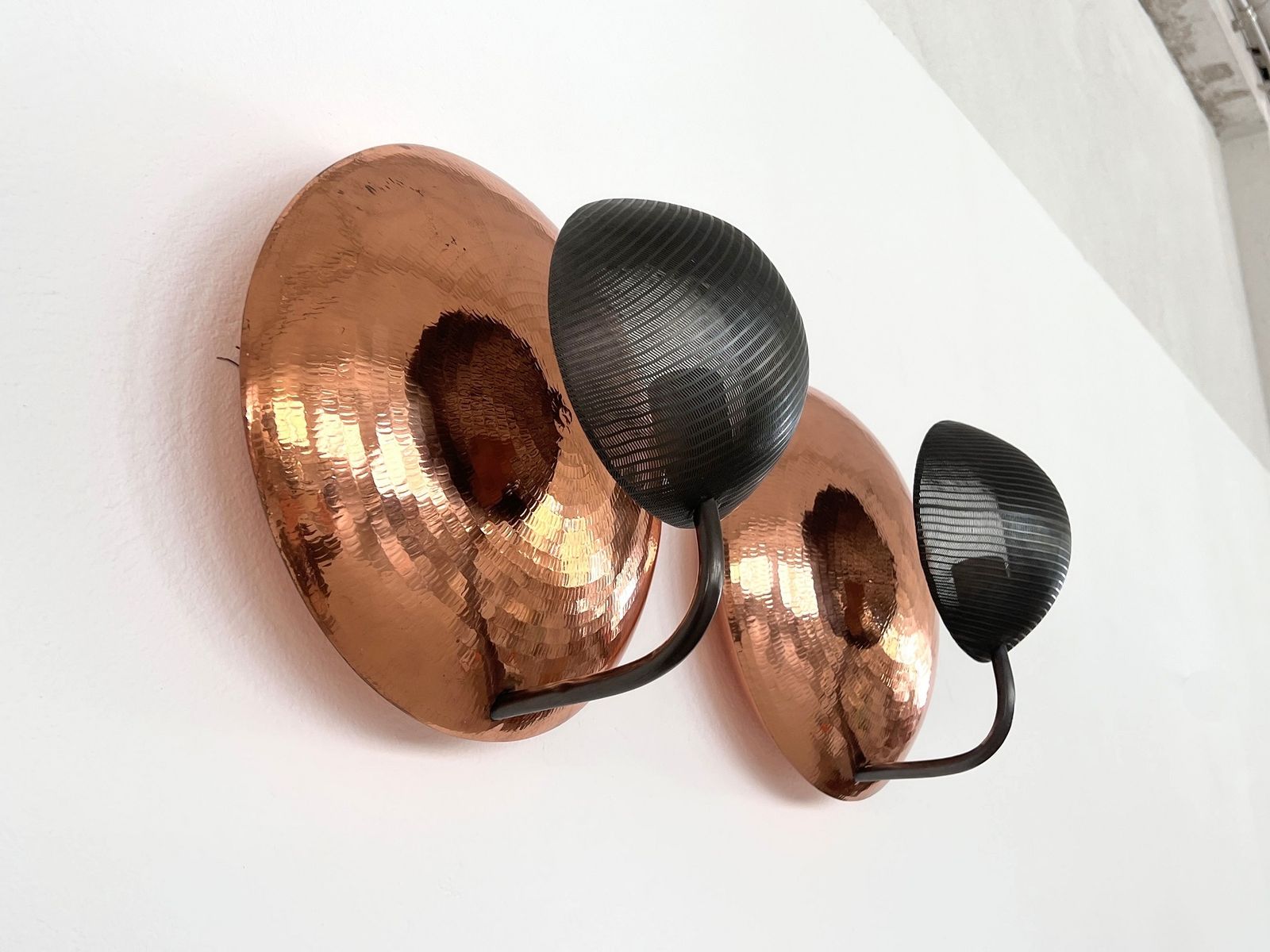 Pair Of Italian Wall Sconces In Copper And Black Perforated Metal, 1970s photo vinterior