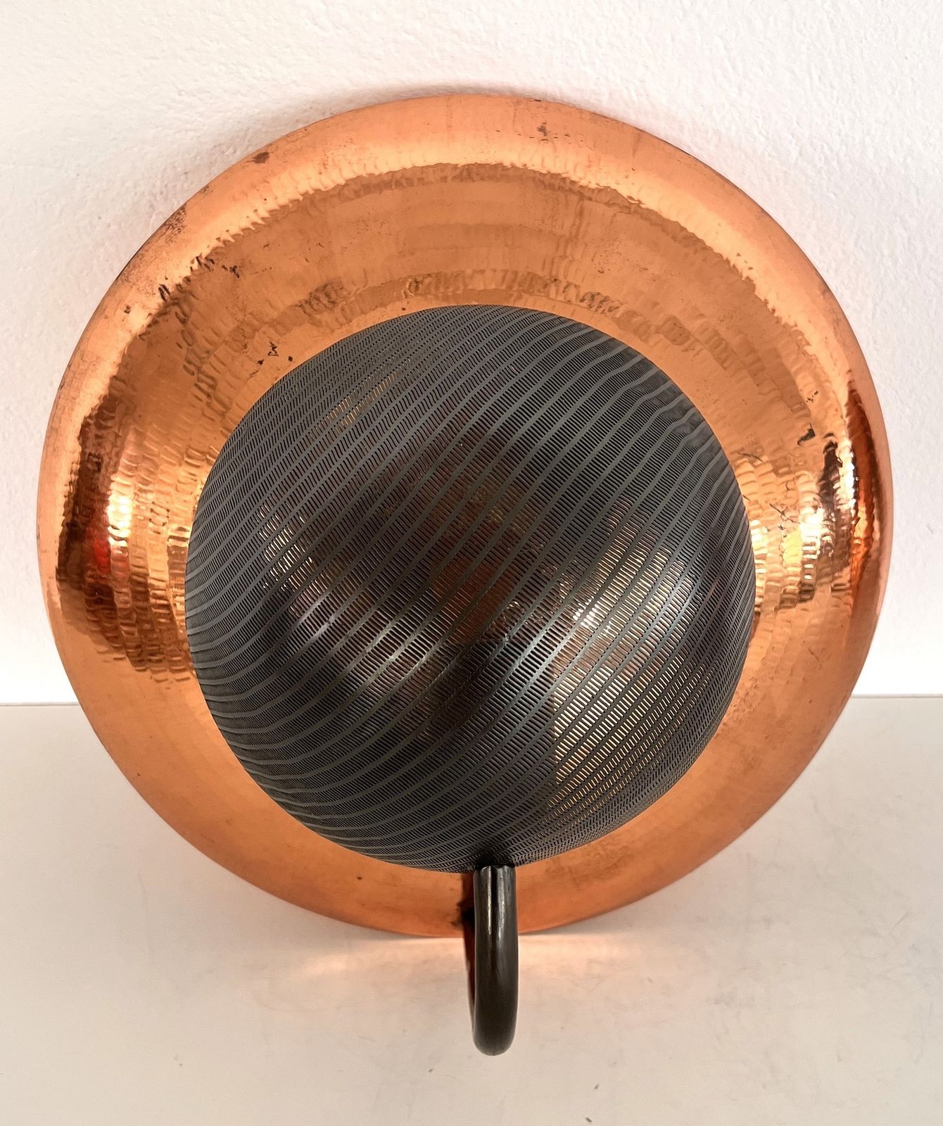 photo for sale Pair Of Italian Wall Sconces In Copper And Black Perforated Metal, 1970s