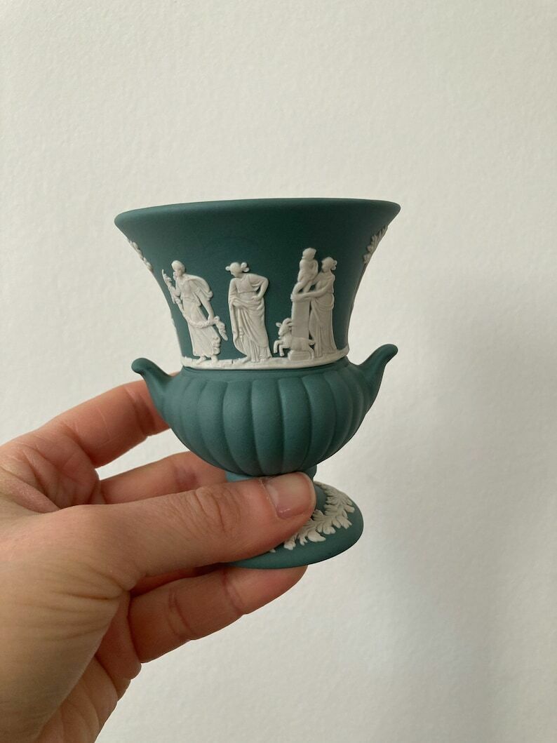 Vintage Wedgwood Sage Teal Green Grecian Urn Vase photo vinterior