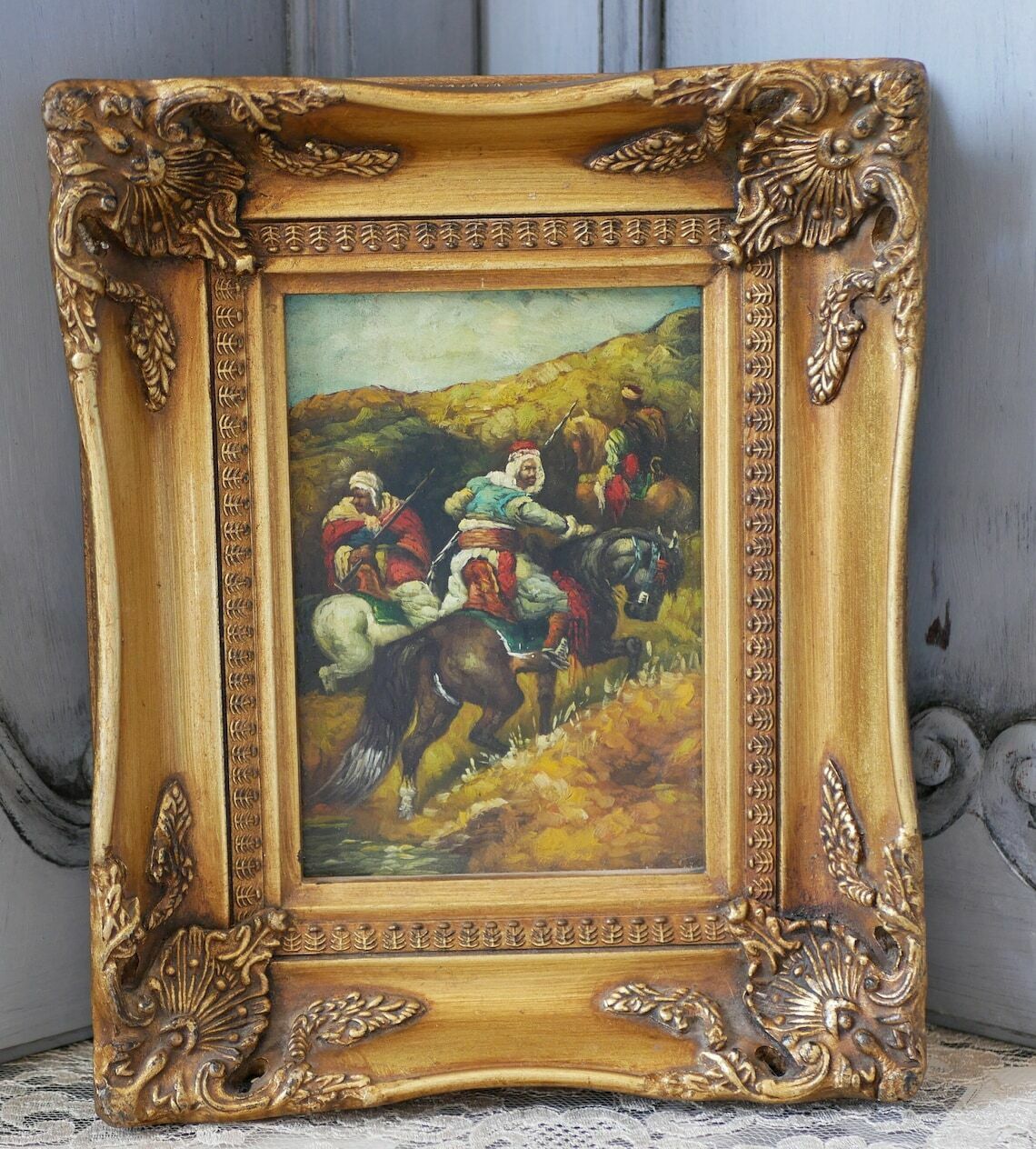 Oil On Wood Painting Middle Eastern Horsemen Antique Gold Gilt Frame Carvers & Gilders Picture Makers And Framers England Label photo furniture