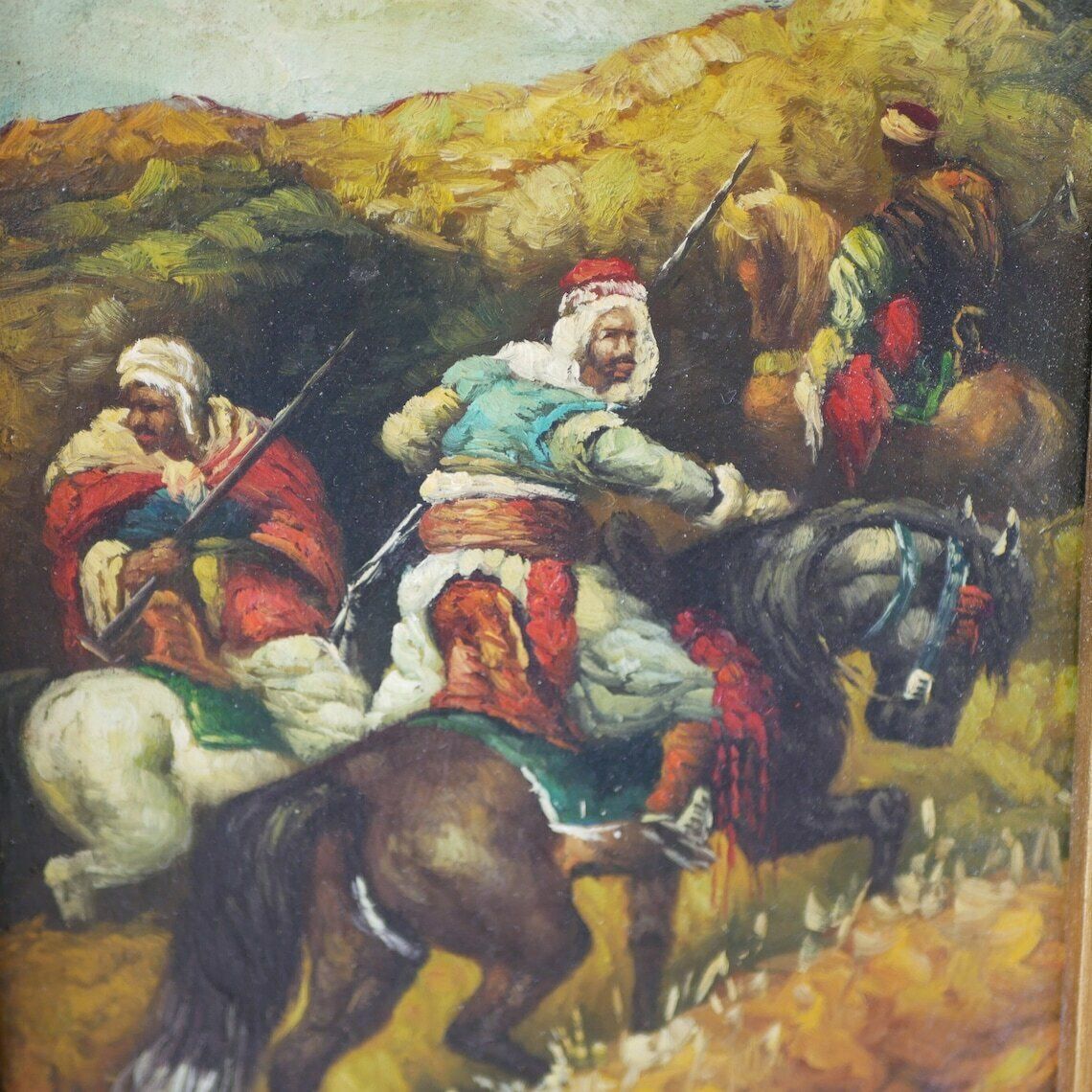 Oil On Wood Painting Middle Eastern Horsemen Antique Gold Gilt Frame Carvers & Gilders Picture Makers And Framers England Label photo 164.0