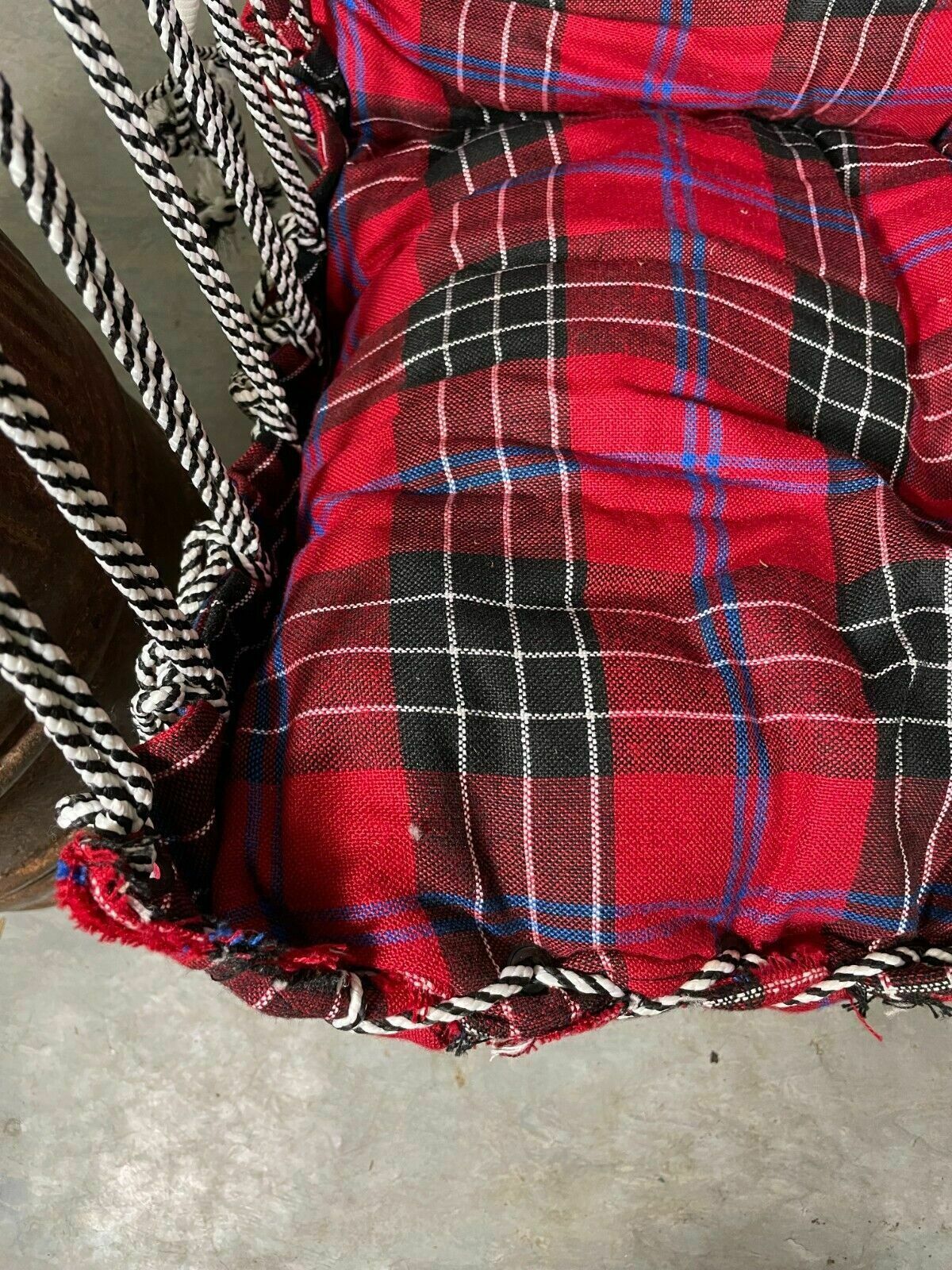 photo furniture Reclaimed Hand Made Red Tartan Indian Padded Rope Swing Hammock Seat Chair