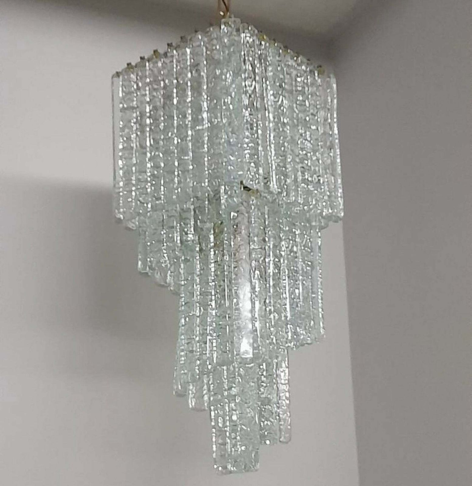 1970s Mid Century Modern Ice Effect Murano Glass Cascading Chandelier By Mazzega photo buy