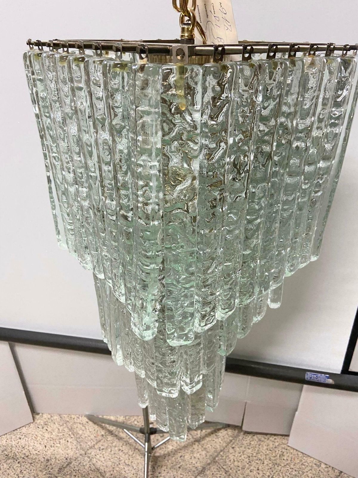 1970s Mid Century Modern Ice Effect Murano Glass Cascading Chandelier By Mazzega photo vintage