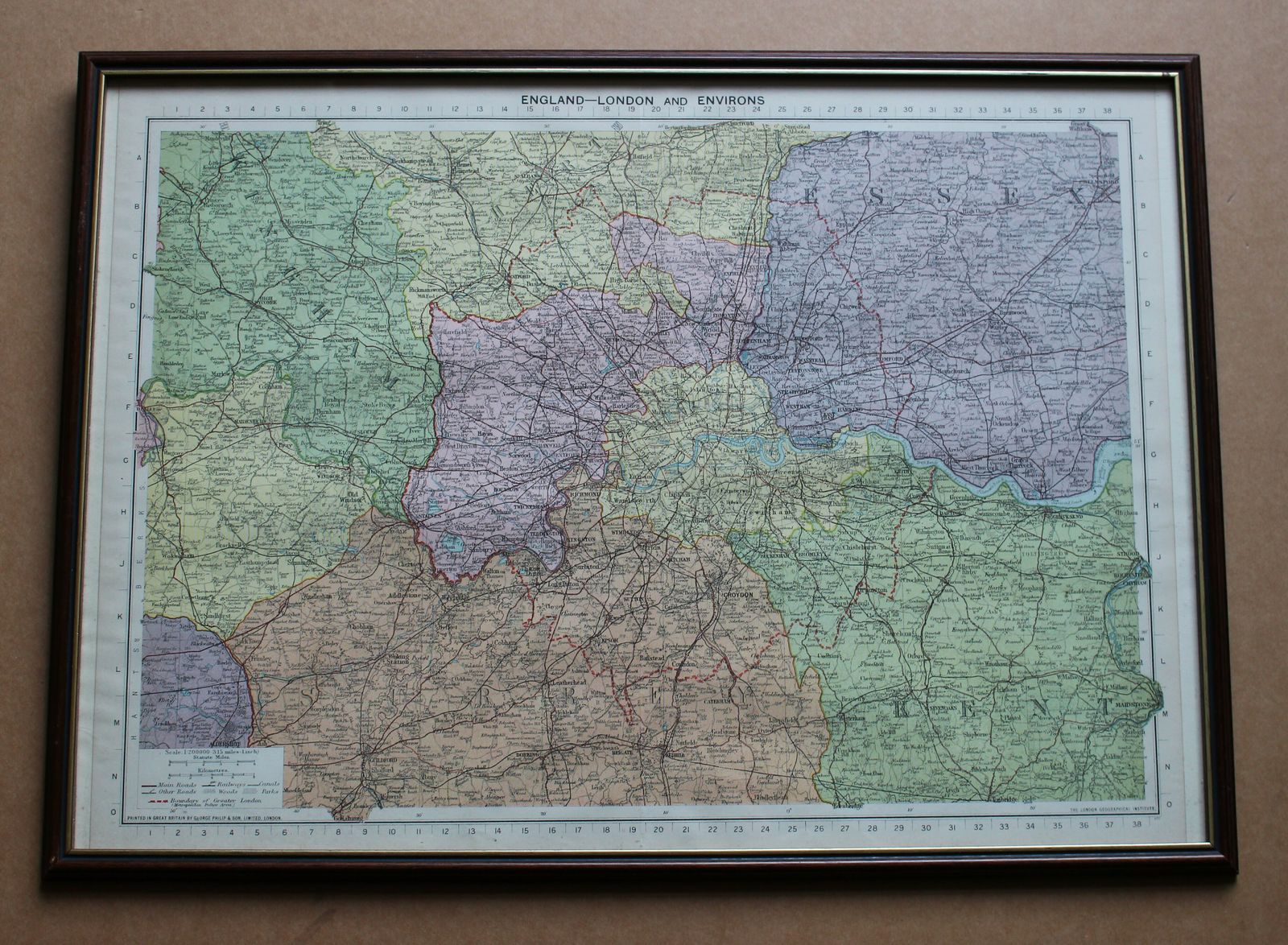 1930 Framed Map Of London And Environs By George Philip