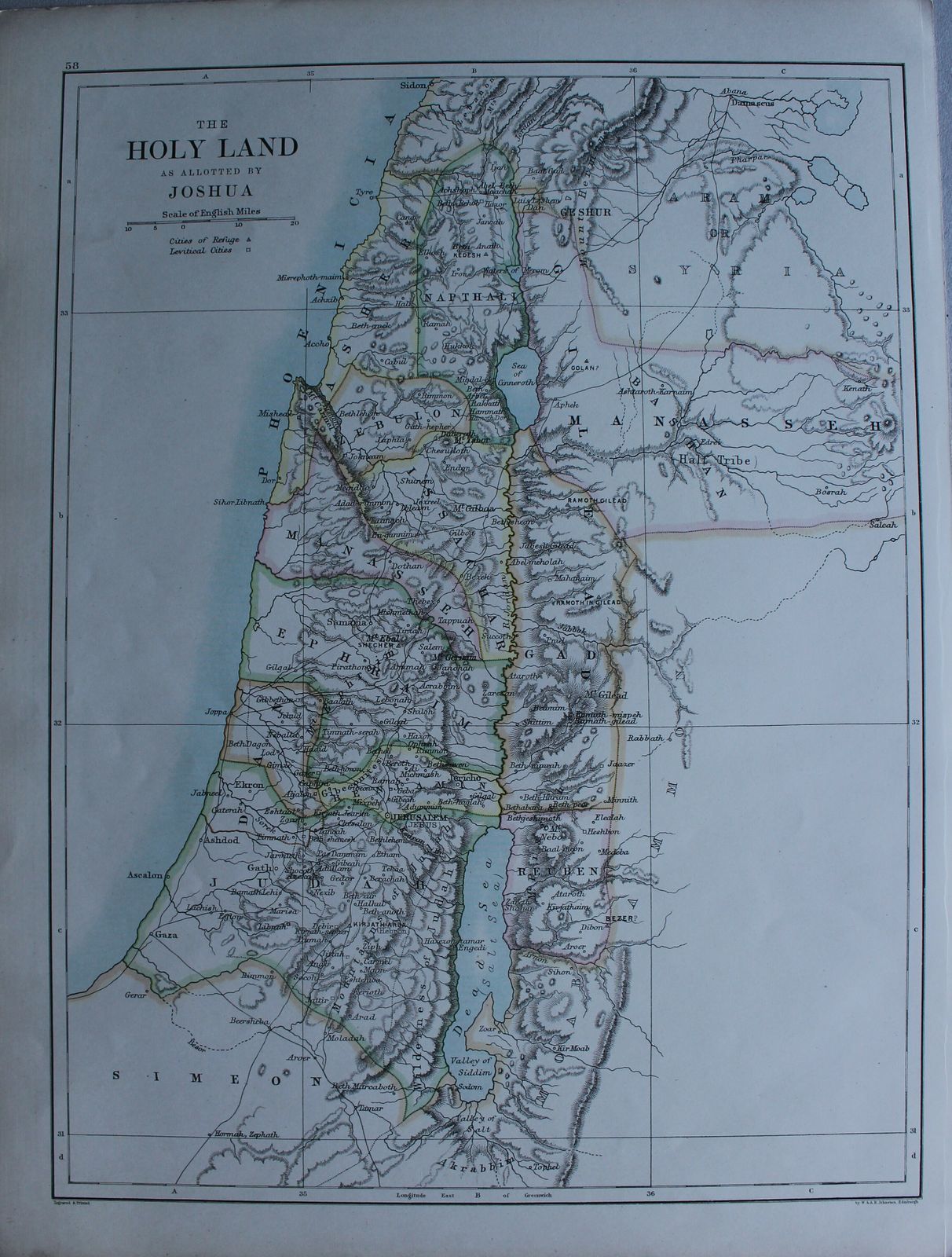Antique Map 'The Holy Land As Allotted By Joshua' C1889