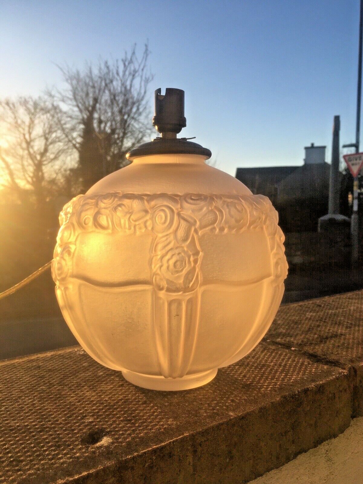 295.0 Superb Antique Art Deco French Regency Rose Frosted Glass Table Lamp Base Floral photo