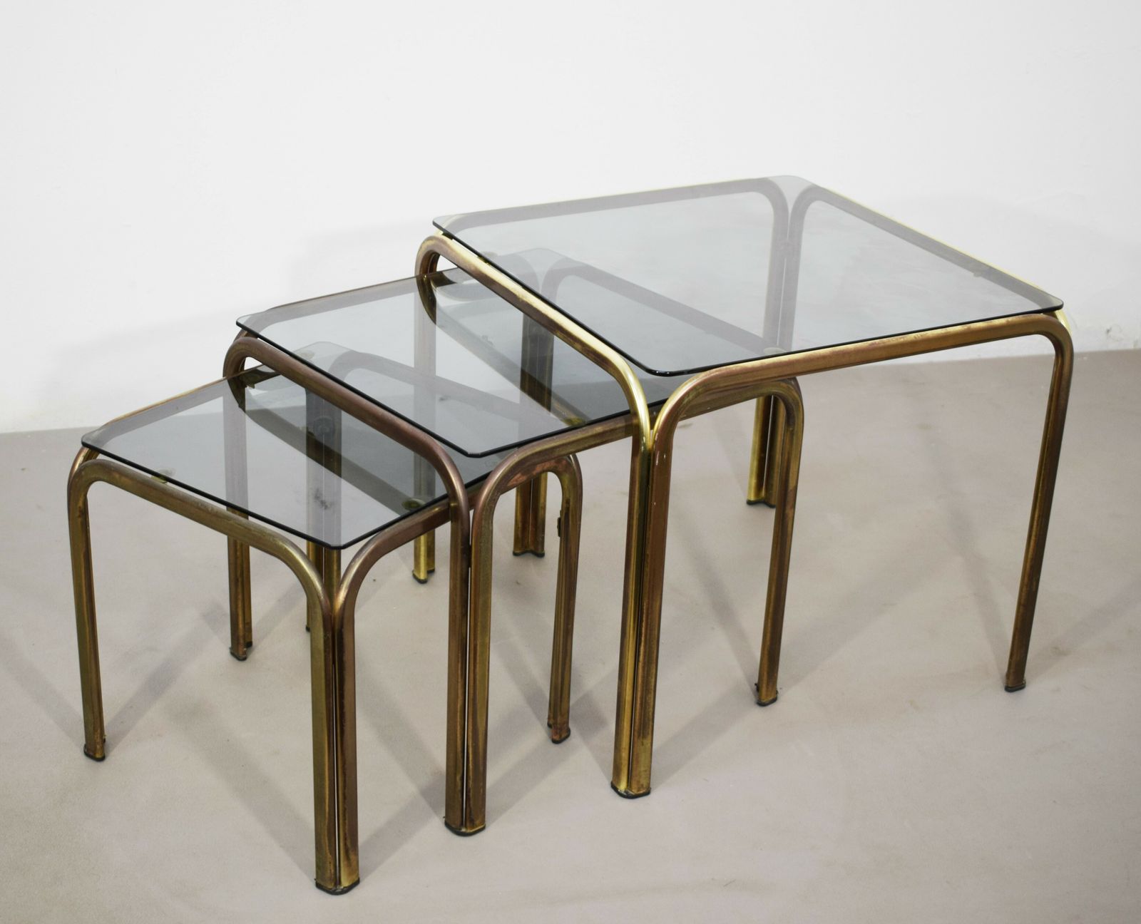 Set Of 3 Stackable Coffee Tables, Brass And Smoked Glass, 1970s. photo furniture