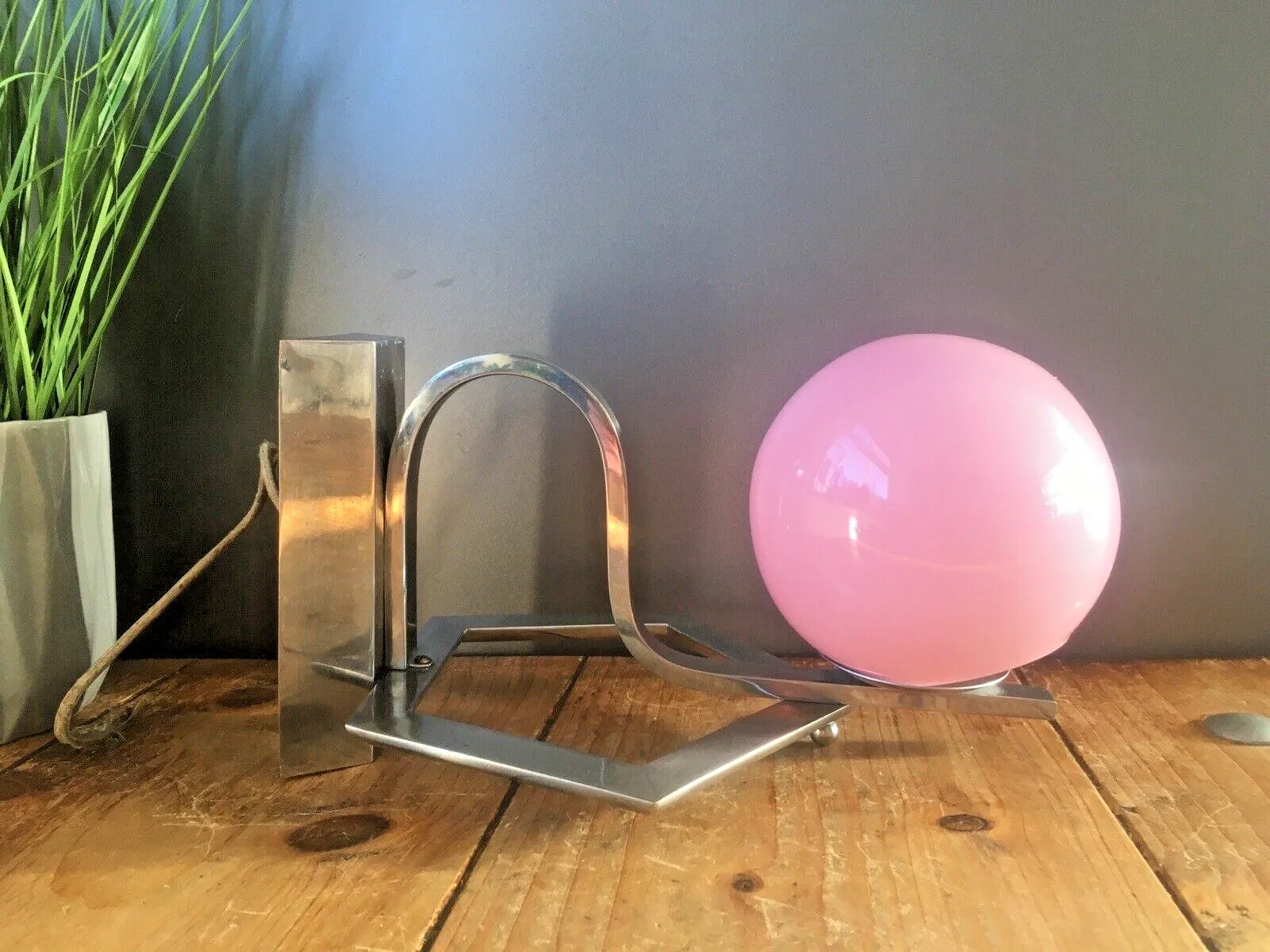 French Art Deco 30's Geometric Chrome Wall Light & Pink Glass Sphere Globe Shade