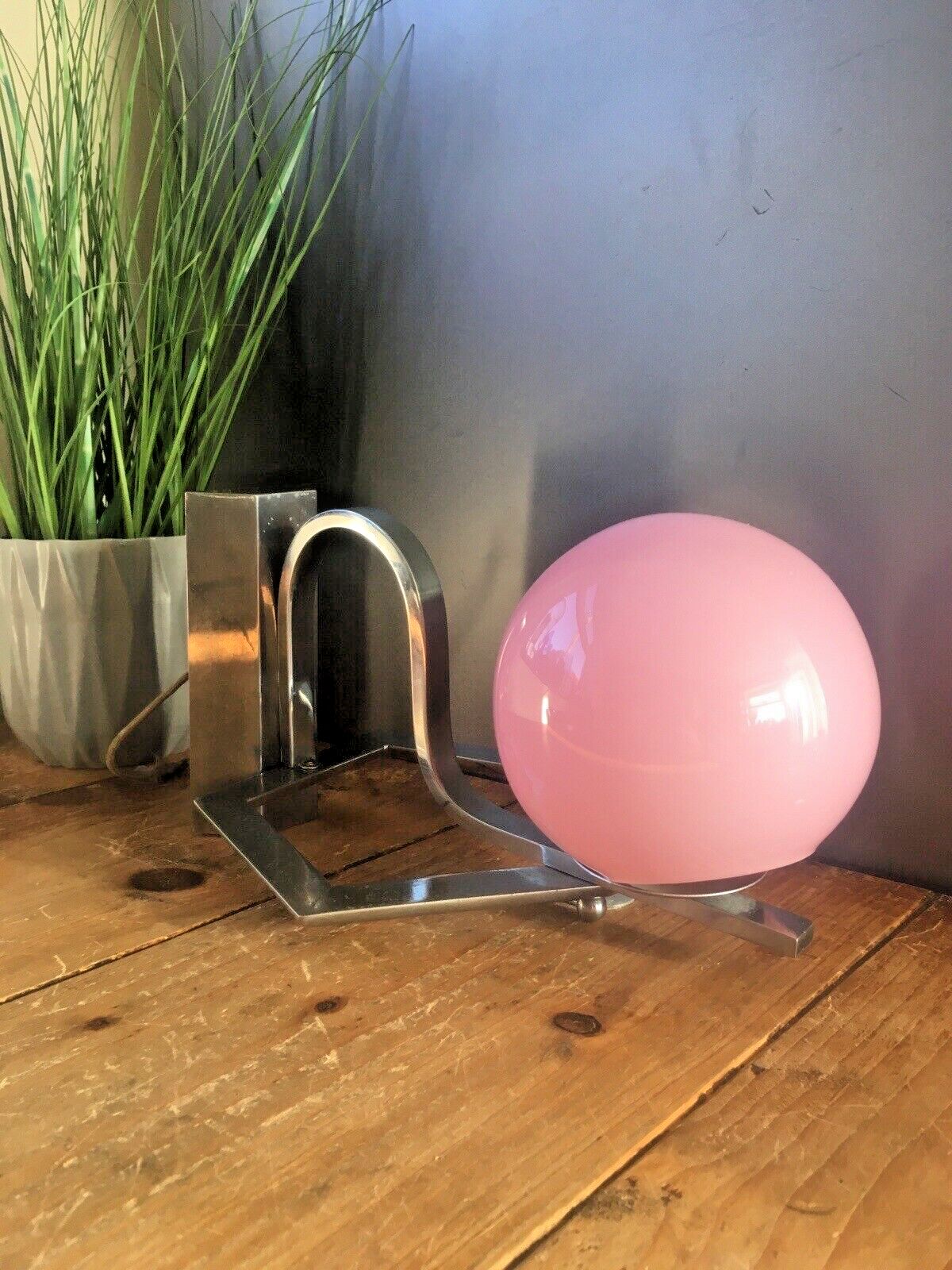 French Art Deco 30's Geometric Chrome Wall Light & Pink Glass Sphere Globe Shade photo furniture