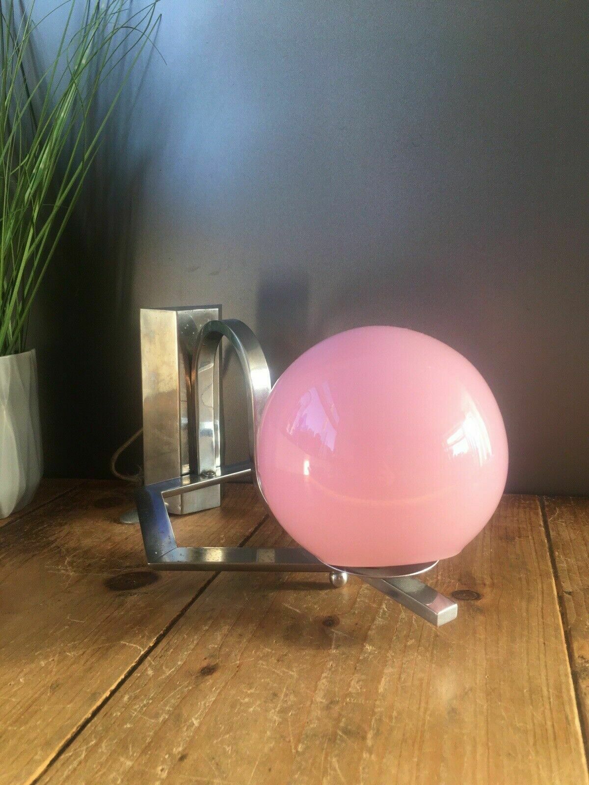 French Art Deco 30's Geometric Chrome Wall Light & Pink Glass Sphere Globe Shade photo for sale