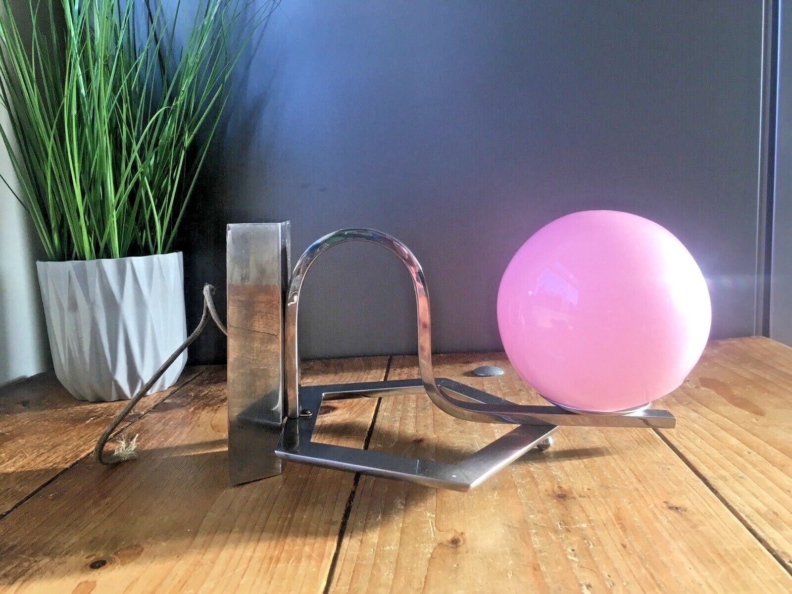 French Art Deco 30's Geometric Chrome Wall Light & Pink Glass Sphere Globe Shade photo buy