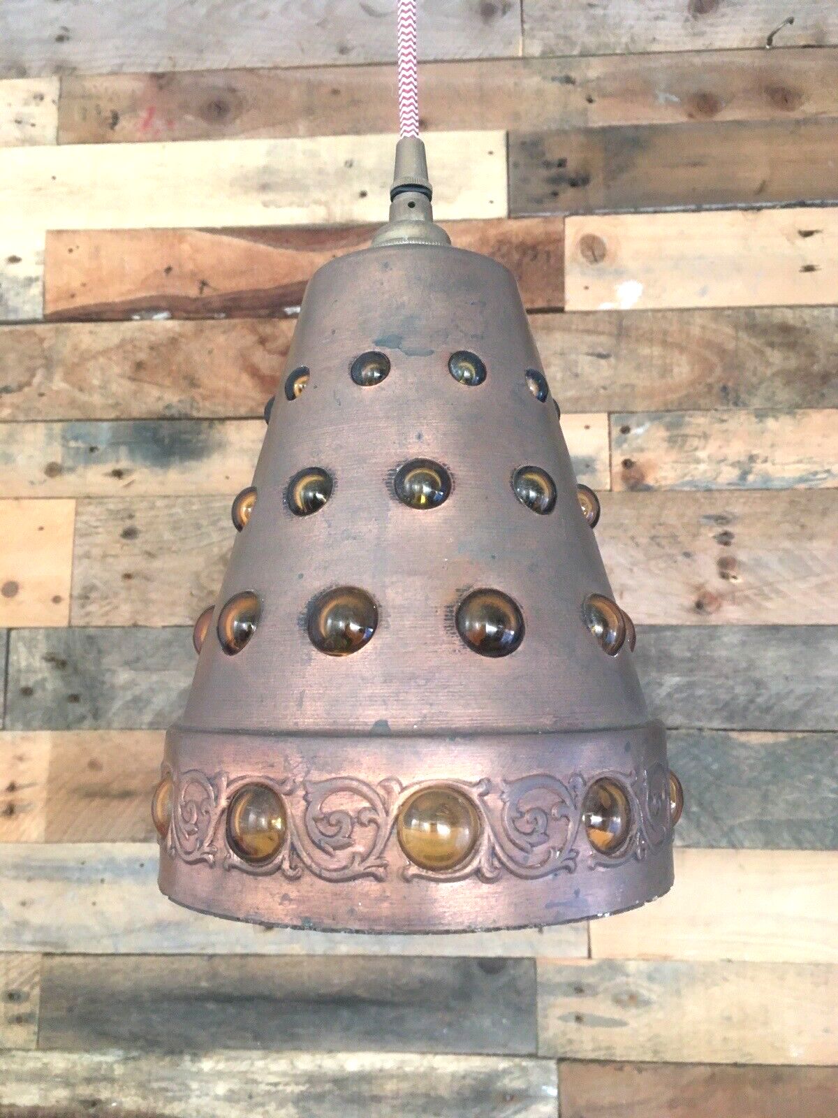 Brutalist Peill & Putzler Caged Copper Amber Glass Ufo Lampshade Ceiling Light photo furniture