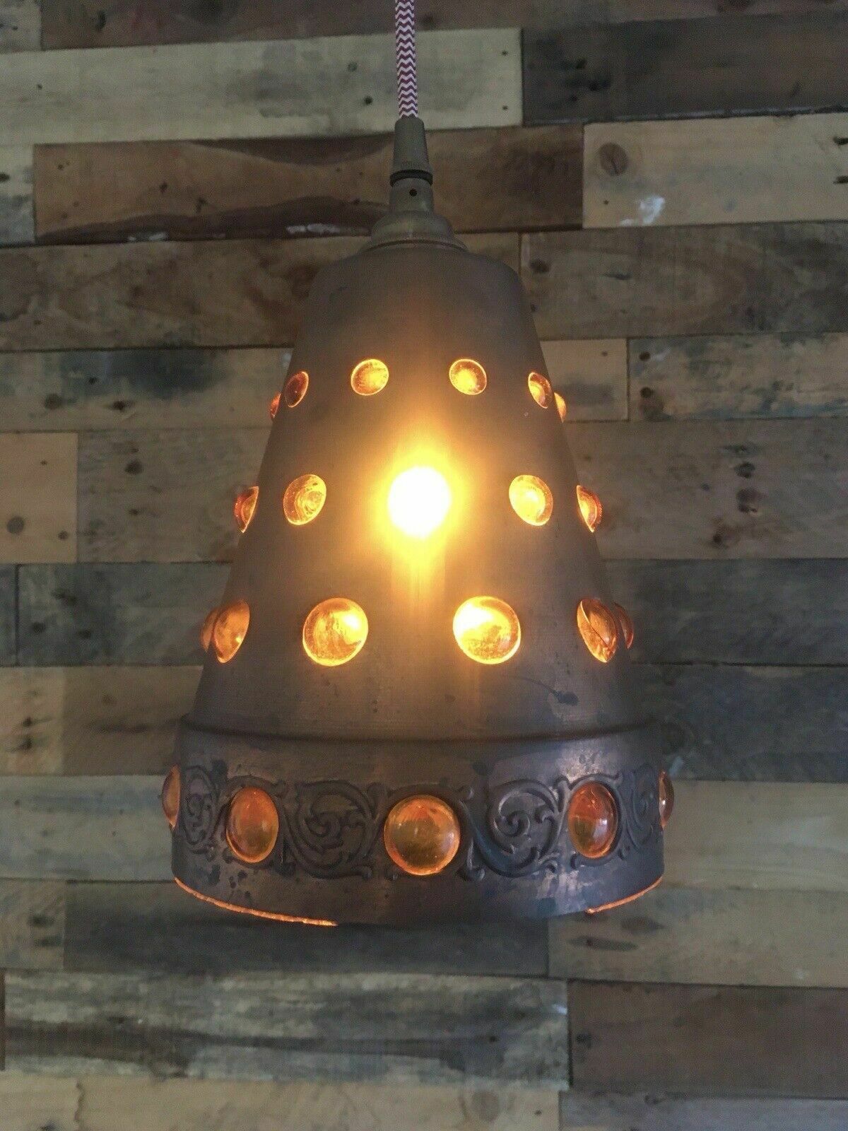 Brutalist Peill & Putzler Caged Copper Amber Glass Ufo Lampshade Ceiling Light photo 110.0