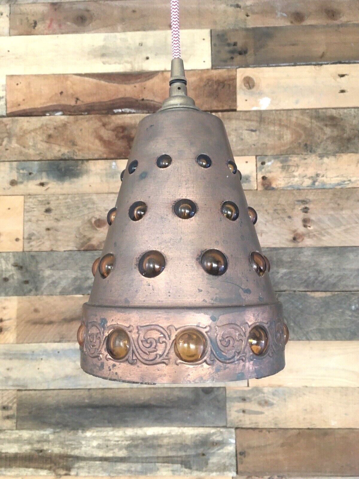 Brutalist Peill & Putzler Caged Copper Amber Glass Ufo Lampshade Ceiling Light photo buy