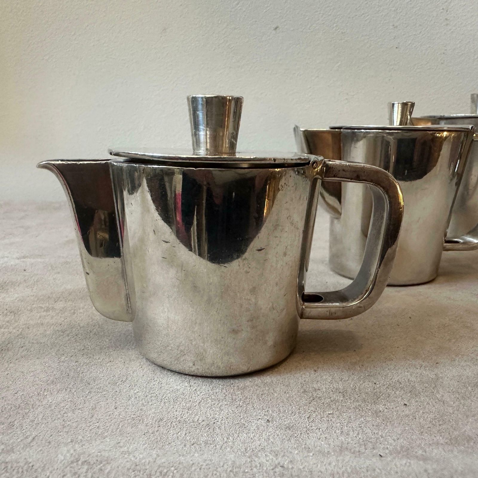 1940s Art Deco Set Of Three Alpaca Coffee Pot By Krupp Designed By Gio Ponti photo for sale