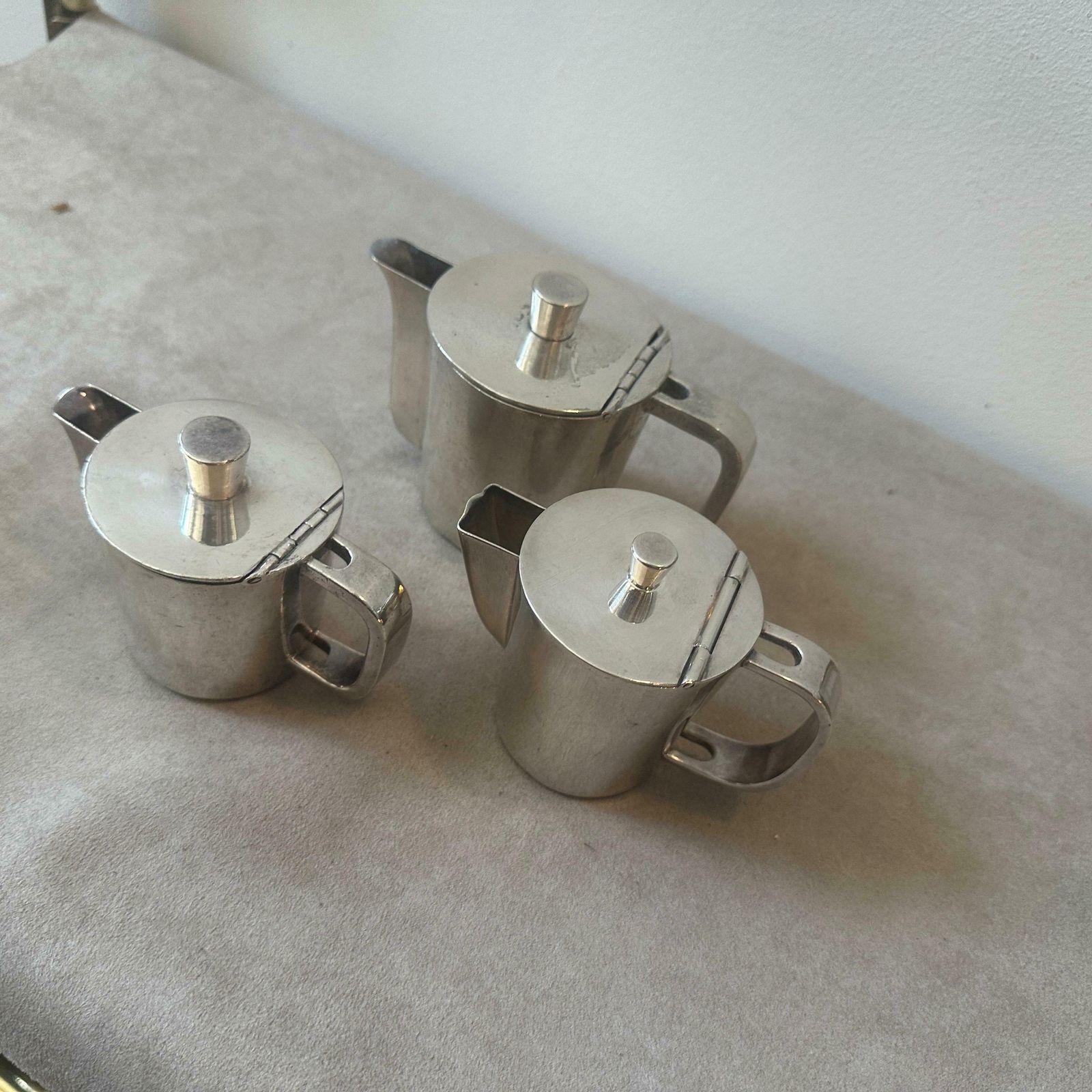 photo for sale 1940s Art Deco Set Of Three Alpaca Coffee Pot By Krupp Designed By Gio Ponti