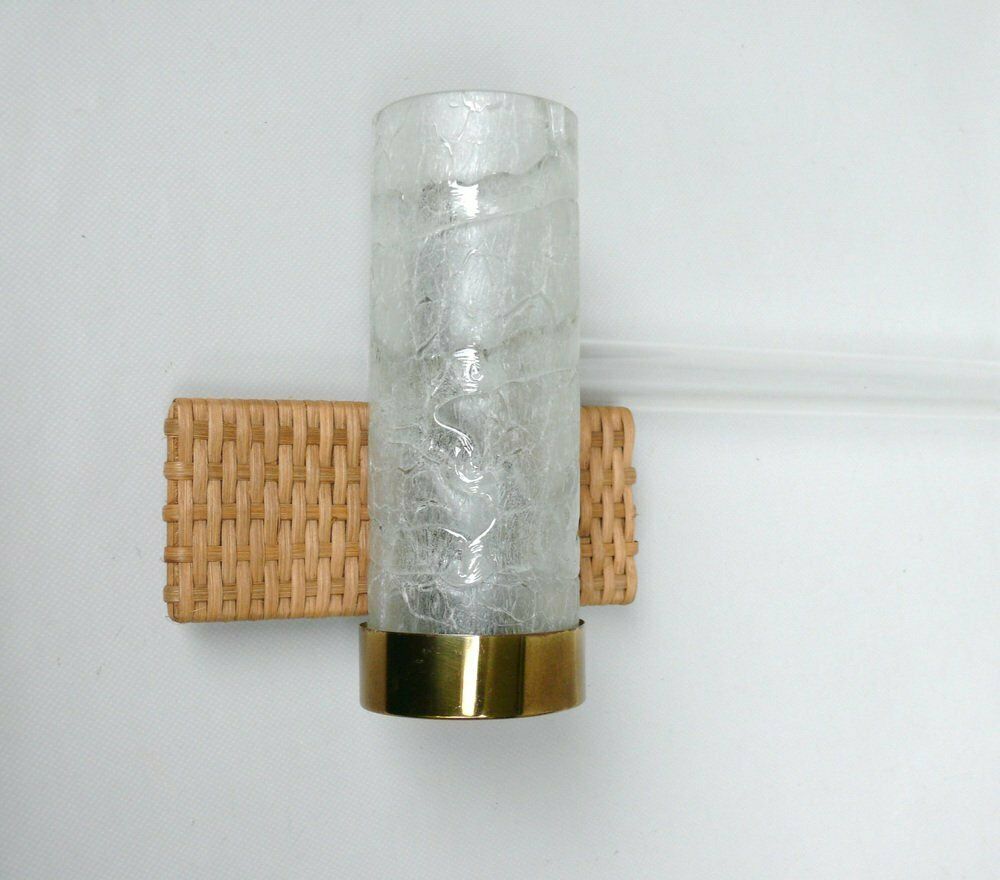 Elegant Wall Lights In Ice Glass, Rattan & Brass From Doria Leuchten, 1960s, Set Of 2 photo Lighting