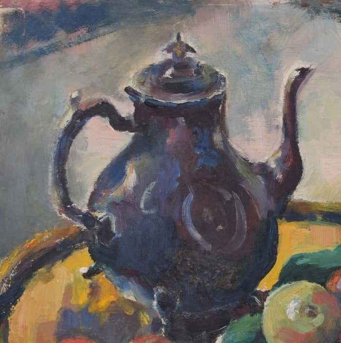 Still Life With Coffee Pot And Fruit 20th Century Oil Painting By Angela Stones photo furniture