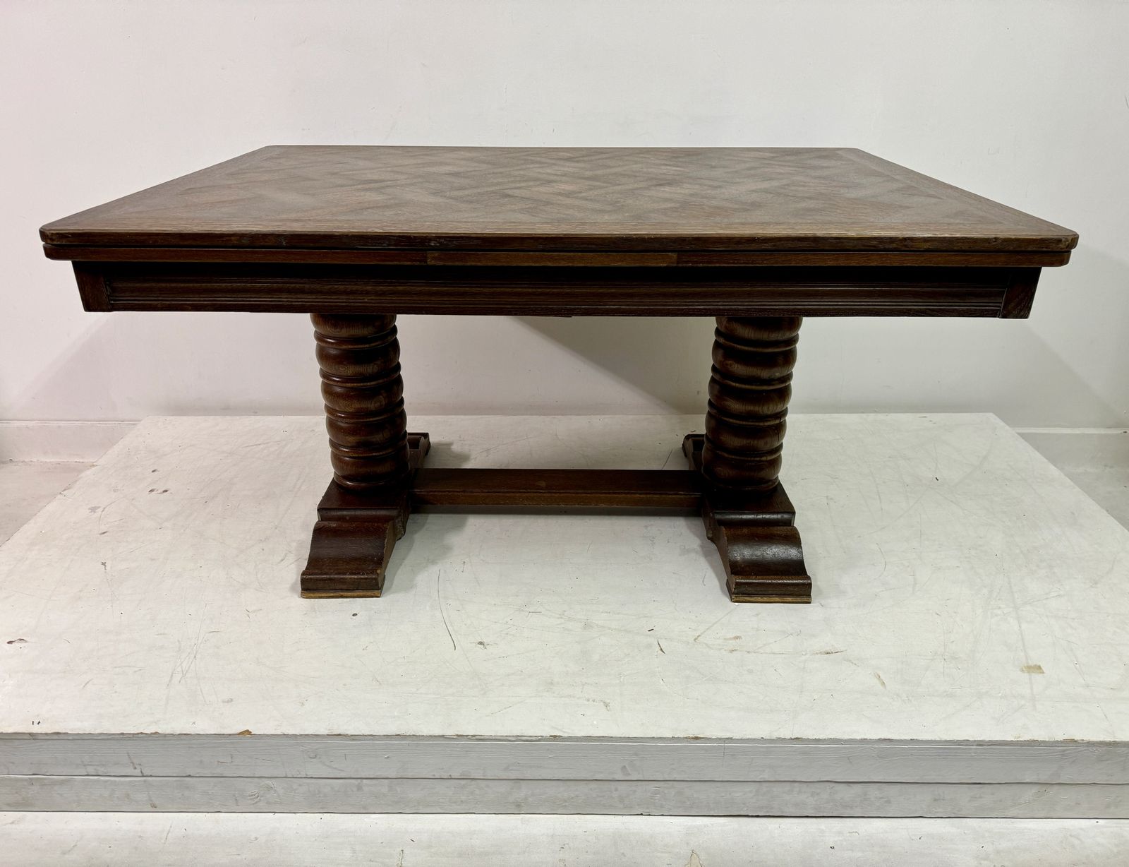 1930s French Oak Extending Dining Table With Turned Bobbin Legs photo furniture