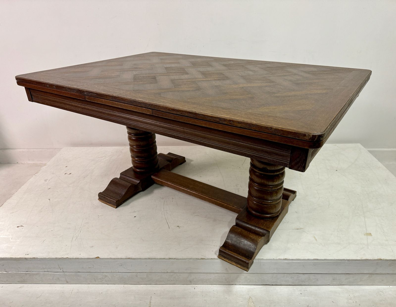 photo buy 1930s French Oak Extending Dining Table With Turned Bobbin Legs