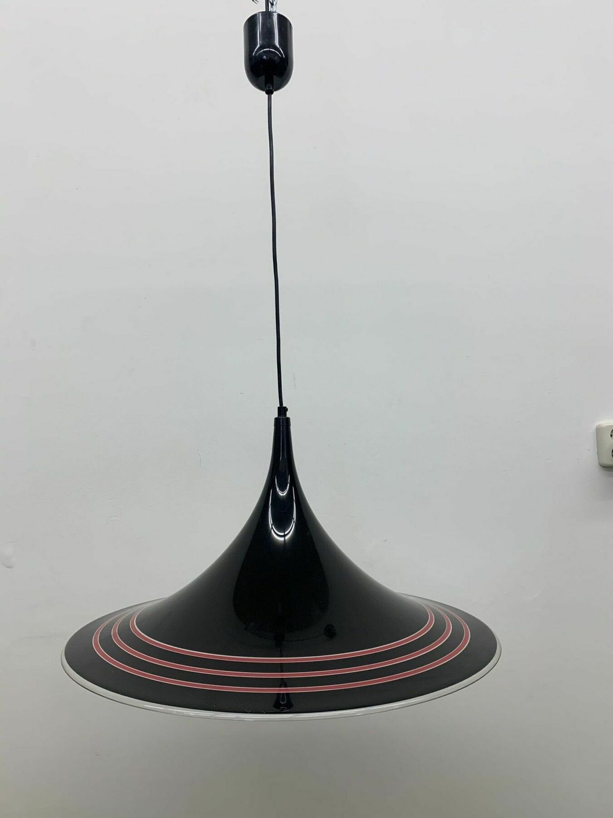 Vintage Plastic Meblo Guzzini Black Trumpet Hanging Lamp , 1980’s photo buy