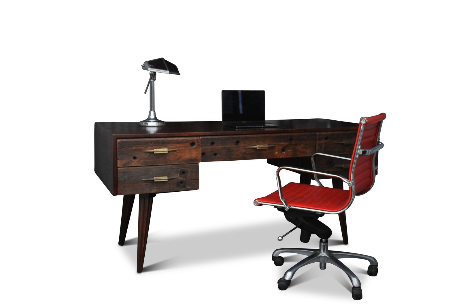 3225.0 An Impressive Hardwood And Reclaimed Timber Desk Befit With Five Drawers & Gilded Handles Ol photo
