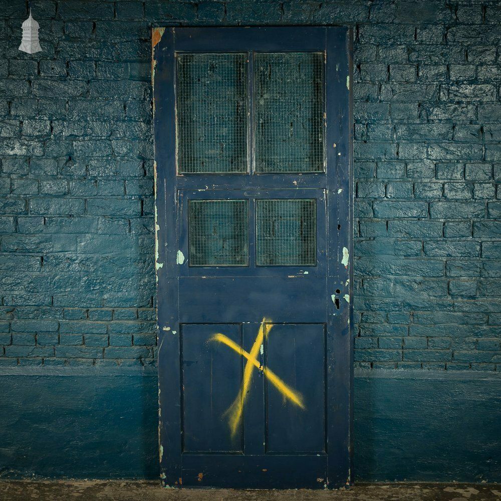 Half Glazed Door, Painted Pitch Pine Fitted With Wired Safety Glass photo vintage