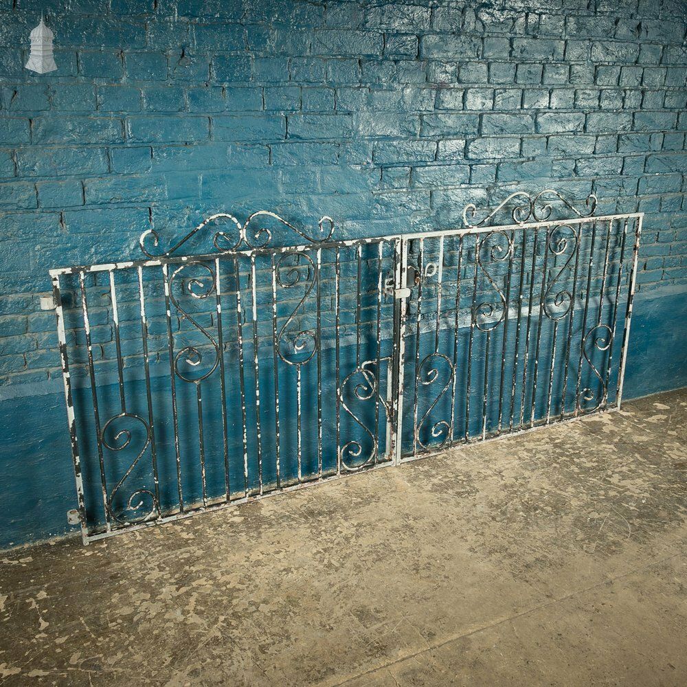 Wrought Iron Driveway Gates, Pair Of 20th C Gates With Distressed Painted Finish photo for sale